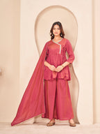 Dark peach color silk blend angrkha style kurta & A-line plazzo with dupatta set