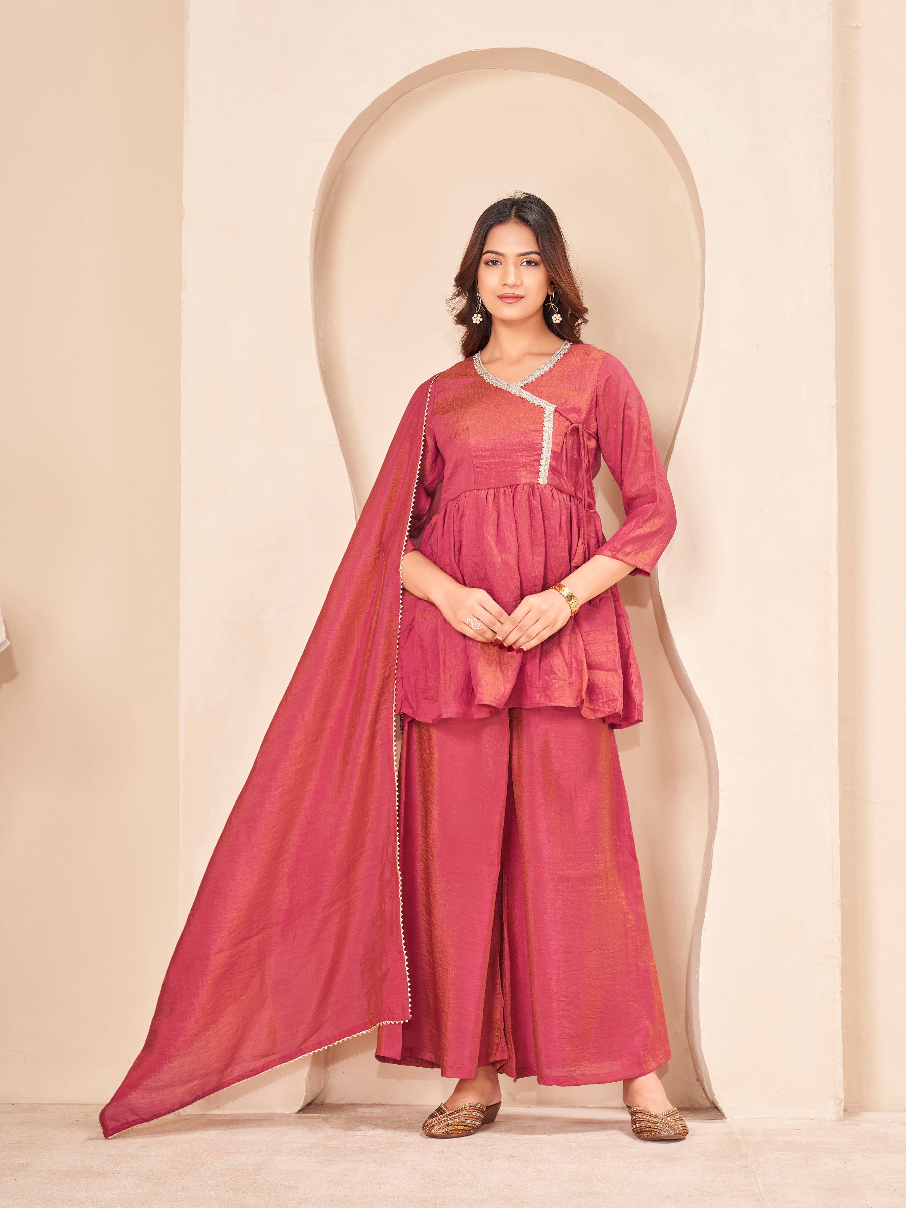 Dark peach color silk blend angrkha style kurta & A-line plazzo with dupatta set