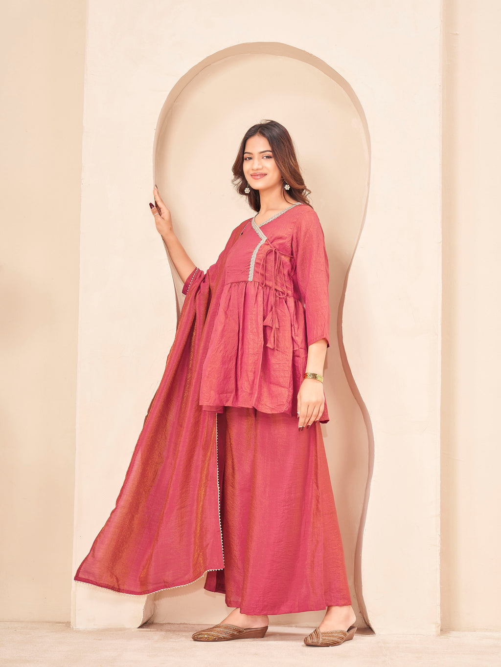 Dark peach color silk blend angrkha style kurta & A-line plazzo with dupatta set