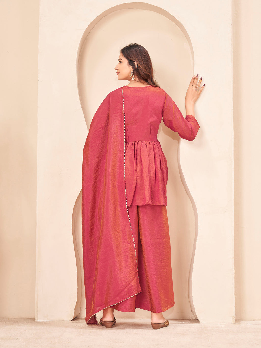 Dark peach color silk blend angrkha style kurta & A-line plazzo with dupatta set