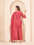 Dark peach color silk blend angrkha style kurta & A-line plazzo with dupatta set