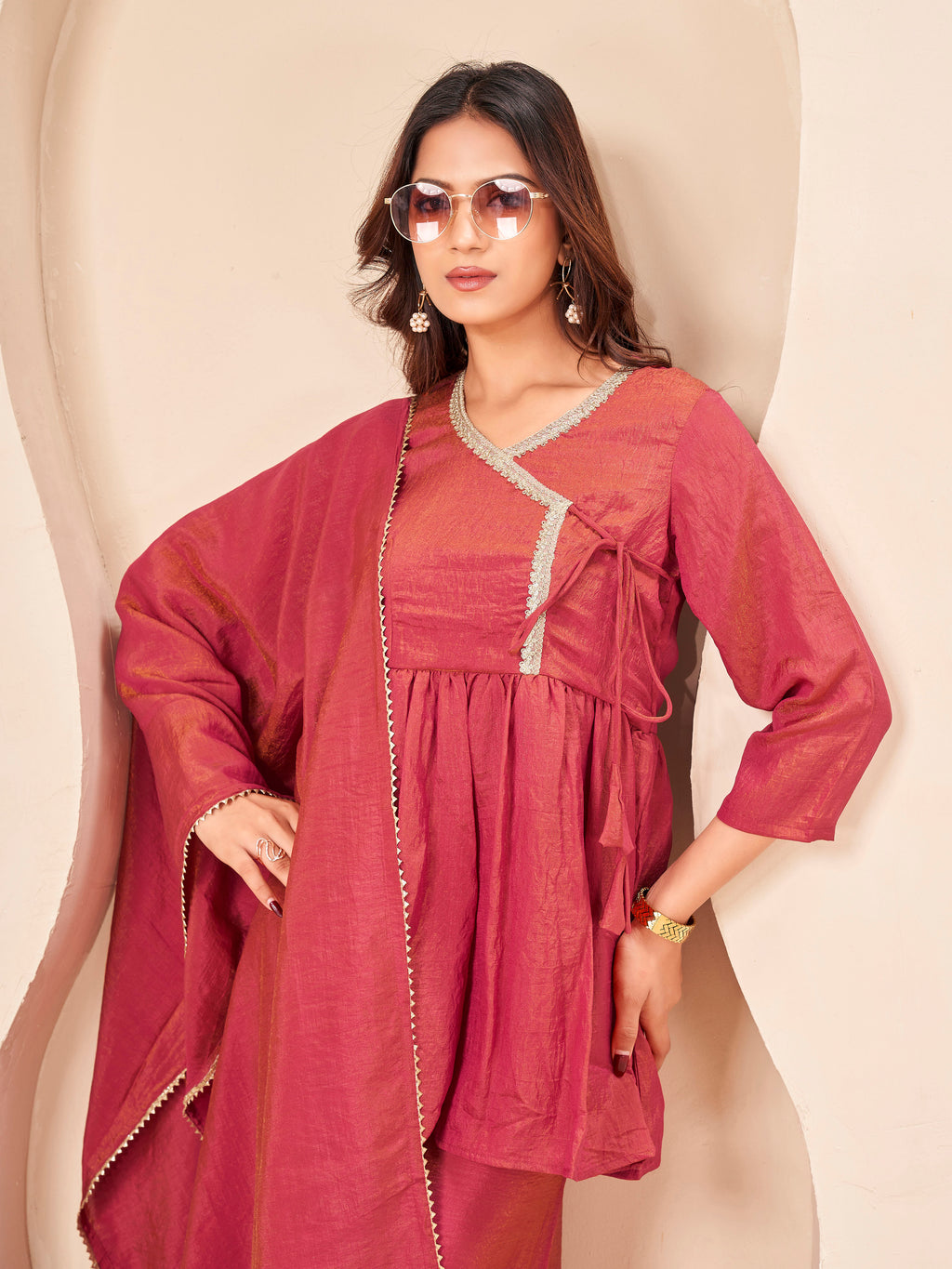 Dark peach color silk blend angrkha style kurta & A-line plazzo with dupatta set