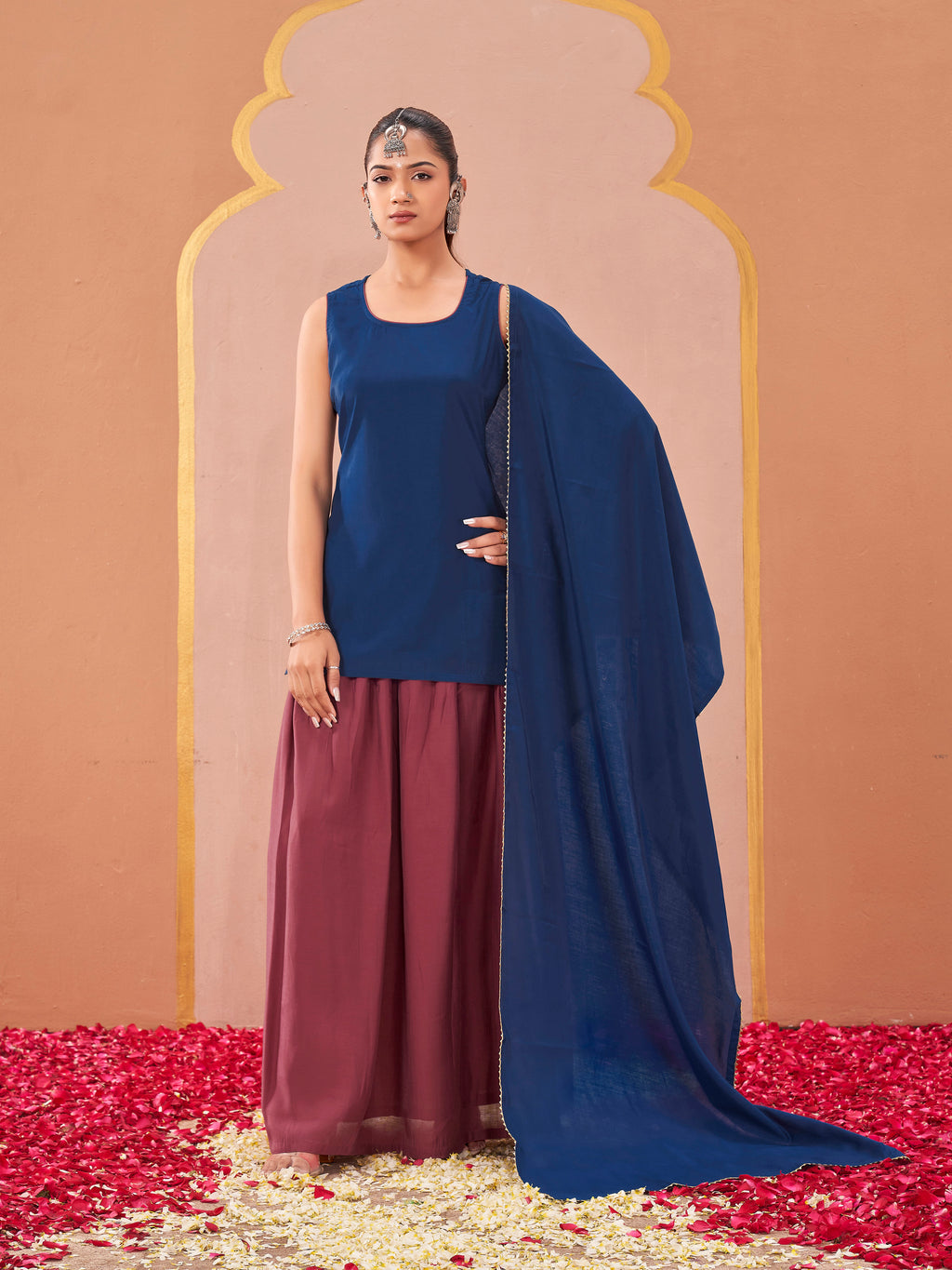 Teal & mauve color silk blend solid back dori design kurta & skirt with dupatta