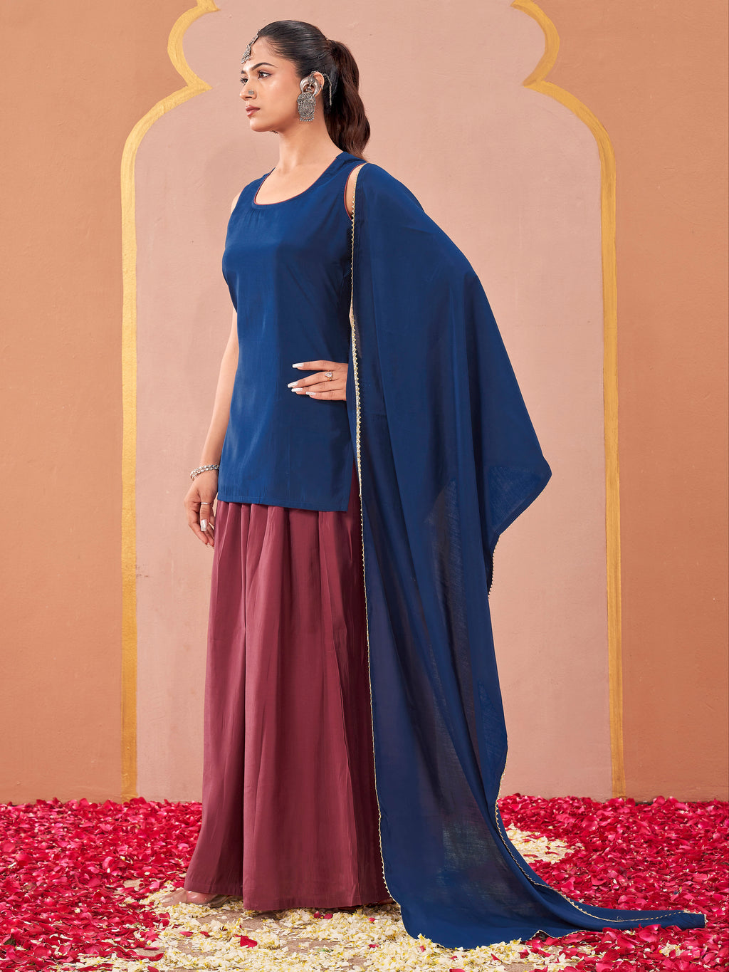 Teal & mauve color silk blend solid back dori design kurta & skirt with dupatta