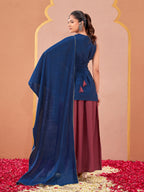 Teal & mauve color silk blend solid back dori design kurta & skirt with dupatta
