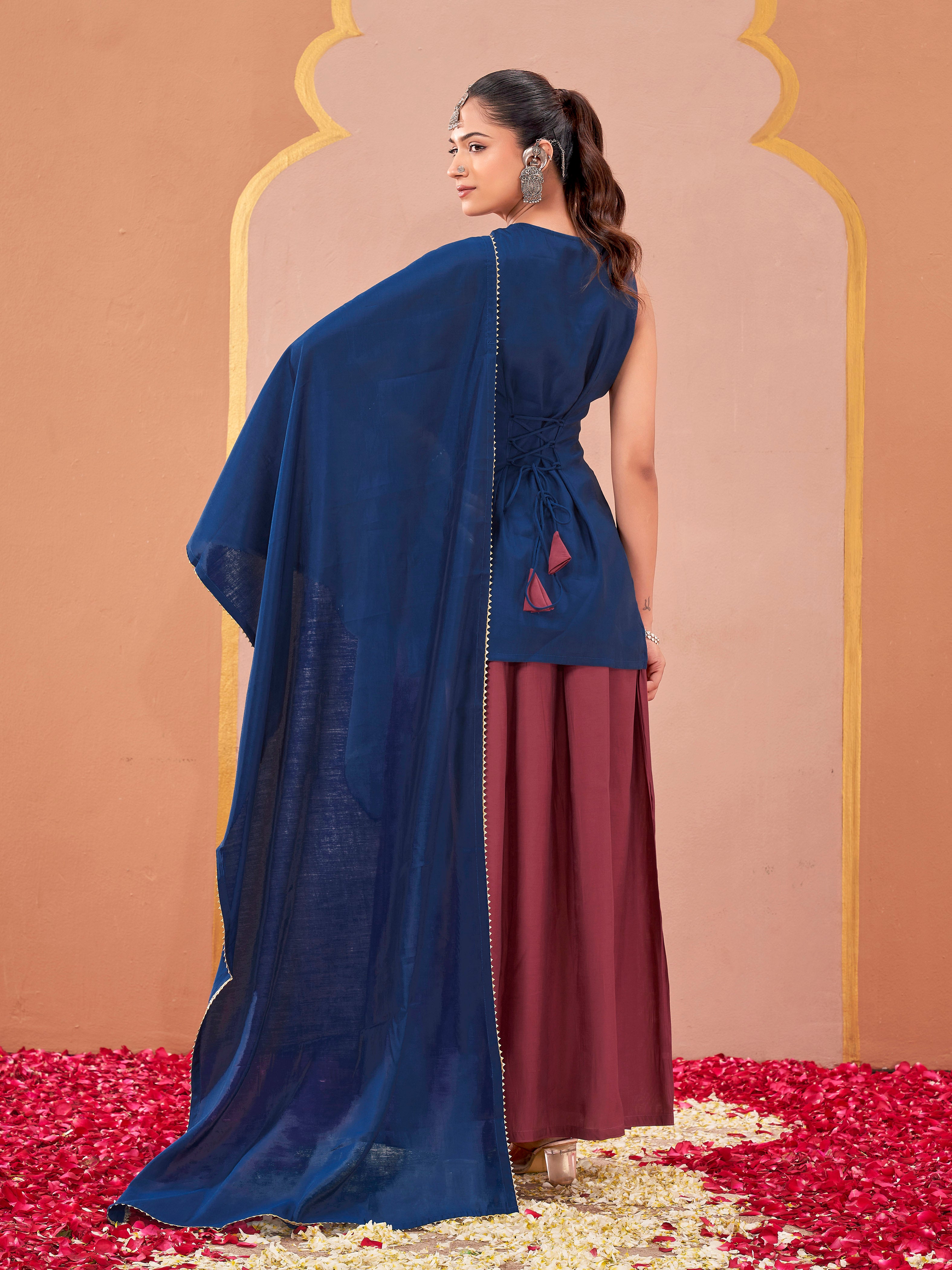 Teal & mauve color silk blend solid back dori design kurta & skirt with dupatta