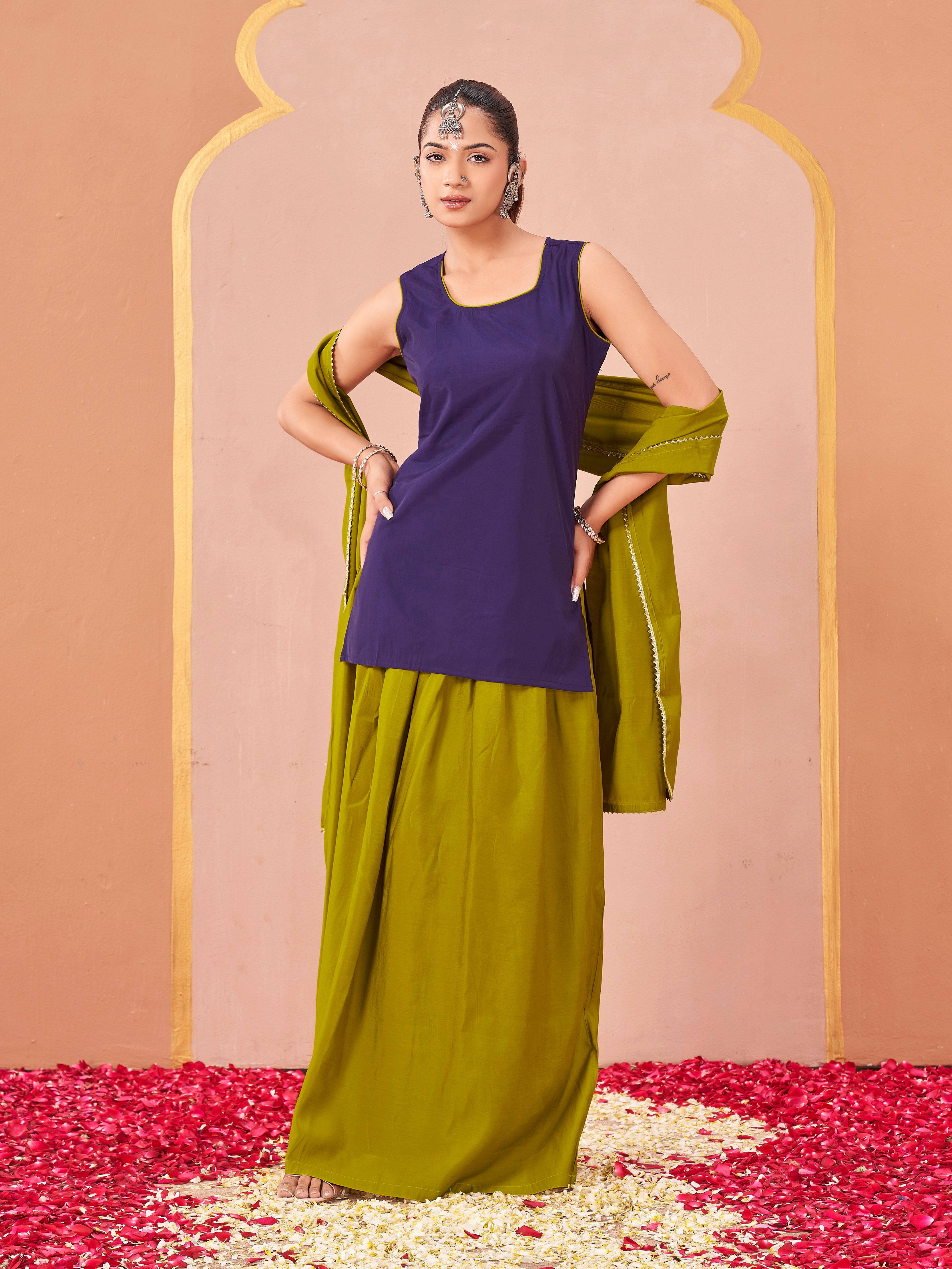 Purple & mustard color silk blend solid back dori design kurta & skirt with dupatta