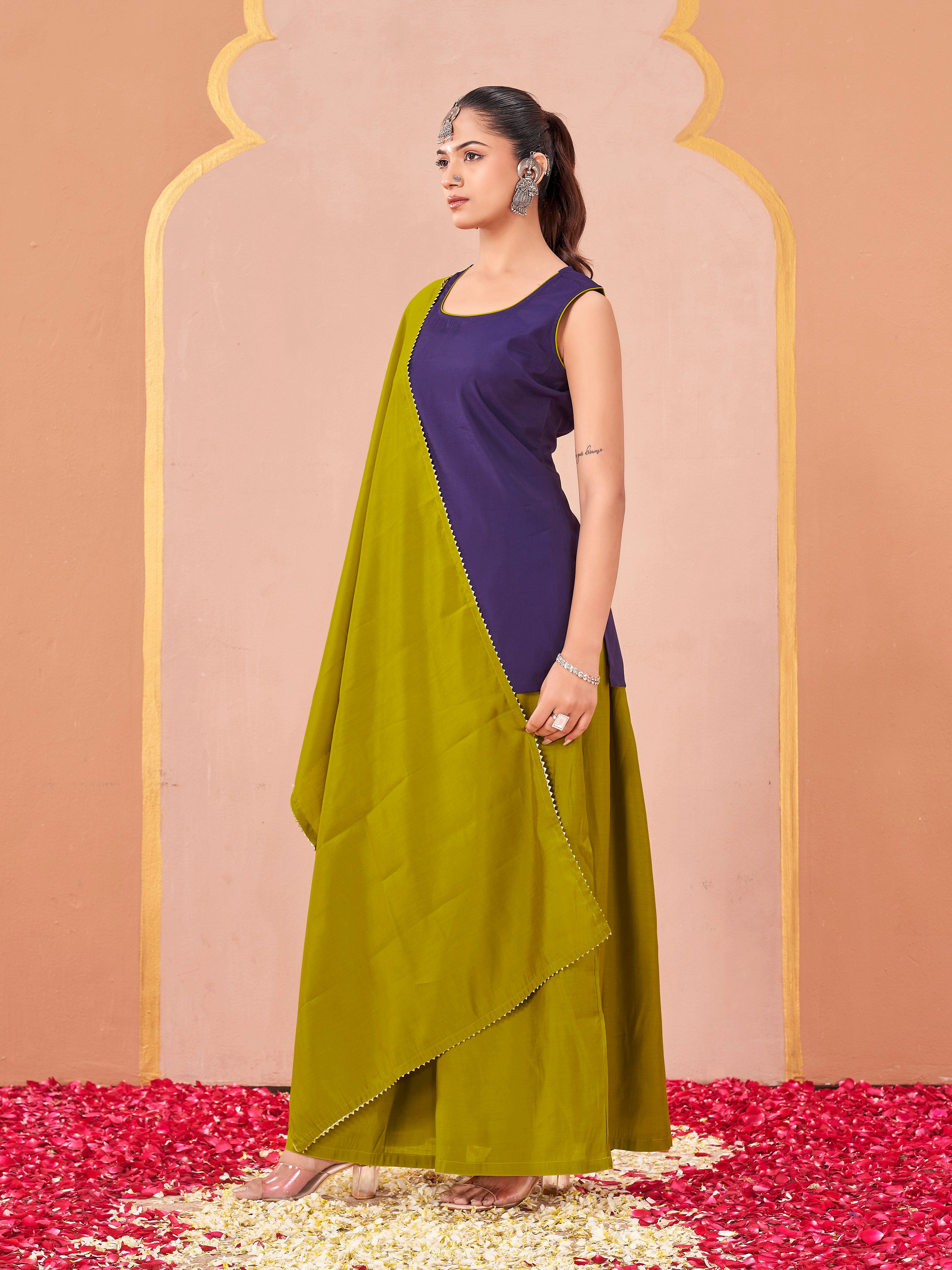 Purple & mustard color silk blend solid back dori design kurta & skirt with dupatta