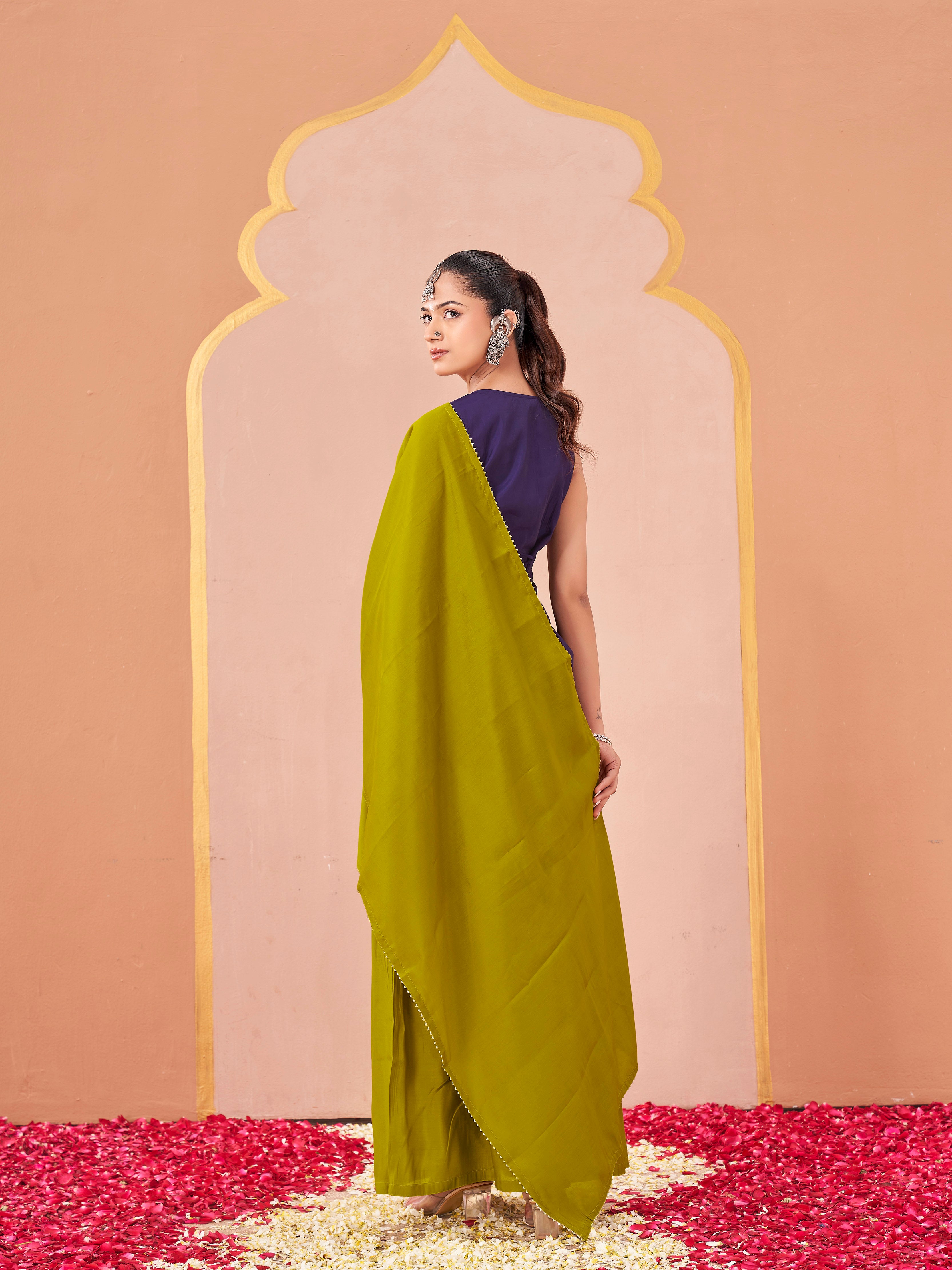 Purple & mustard color silk blend solid back dori design kurta & skirt with dupatta
