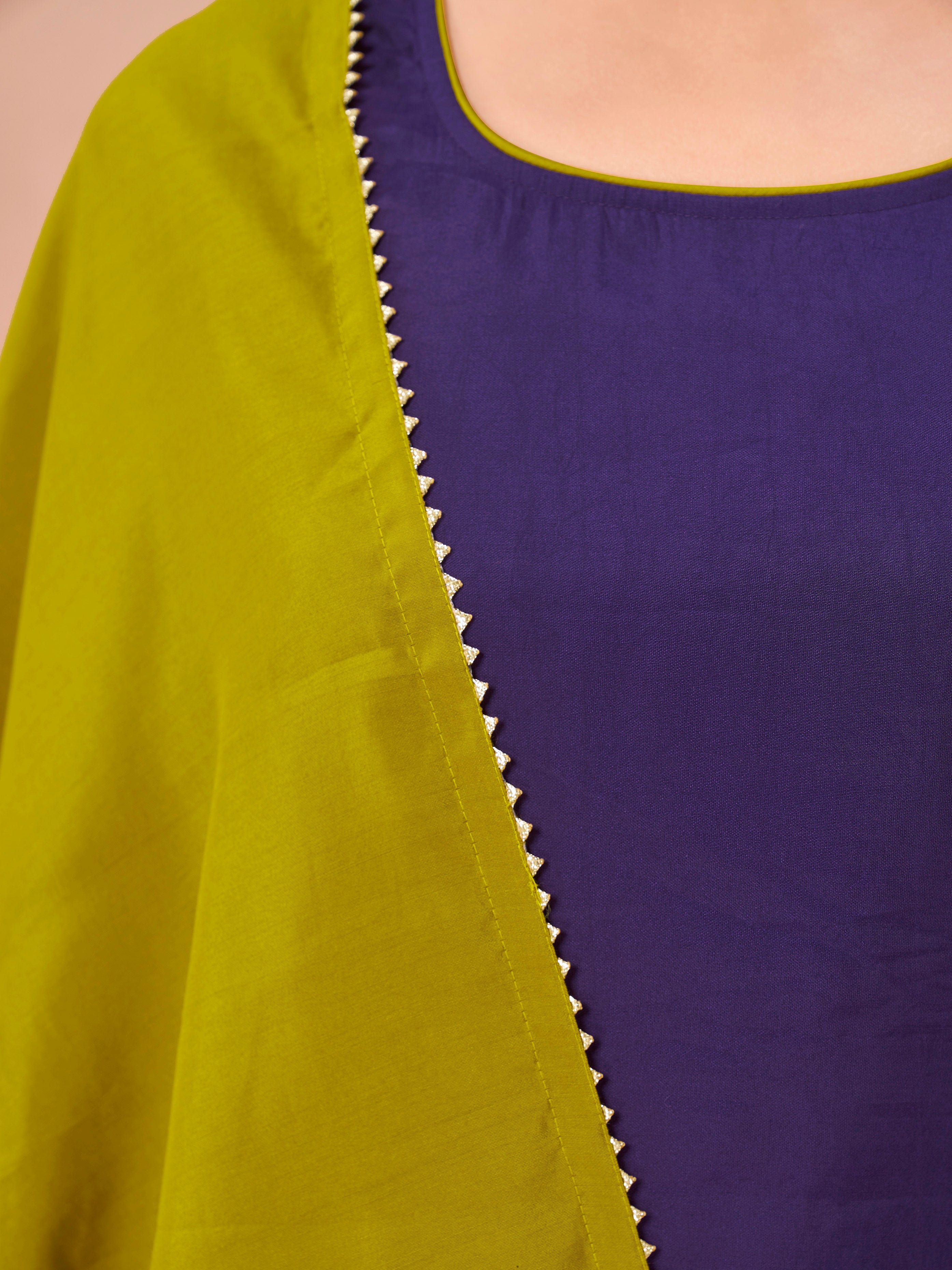 Purple & mustard color silk blend solid back dori design kurta & skirt with dupatta
