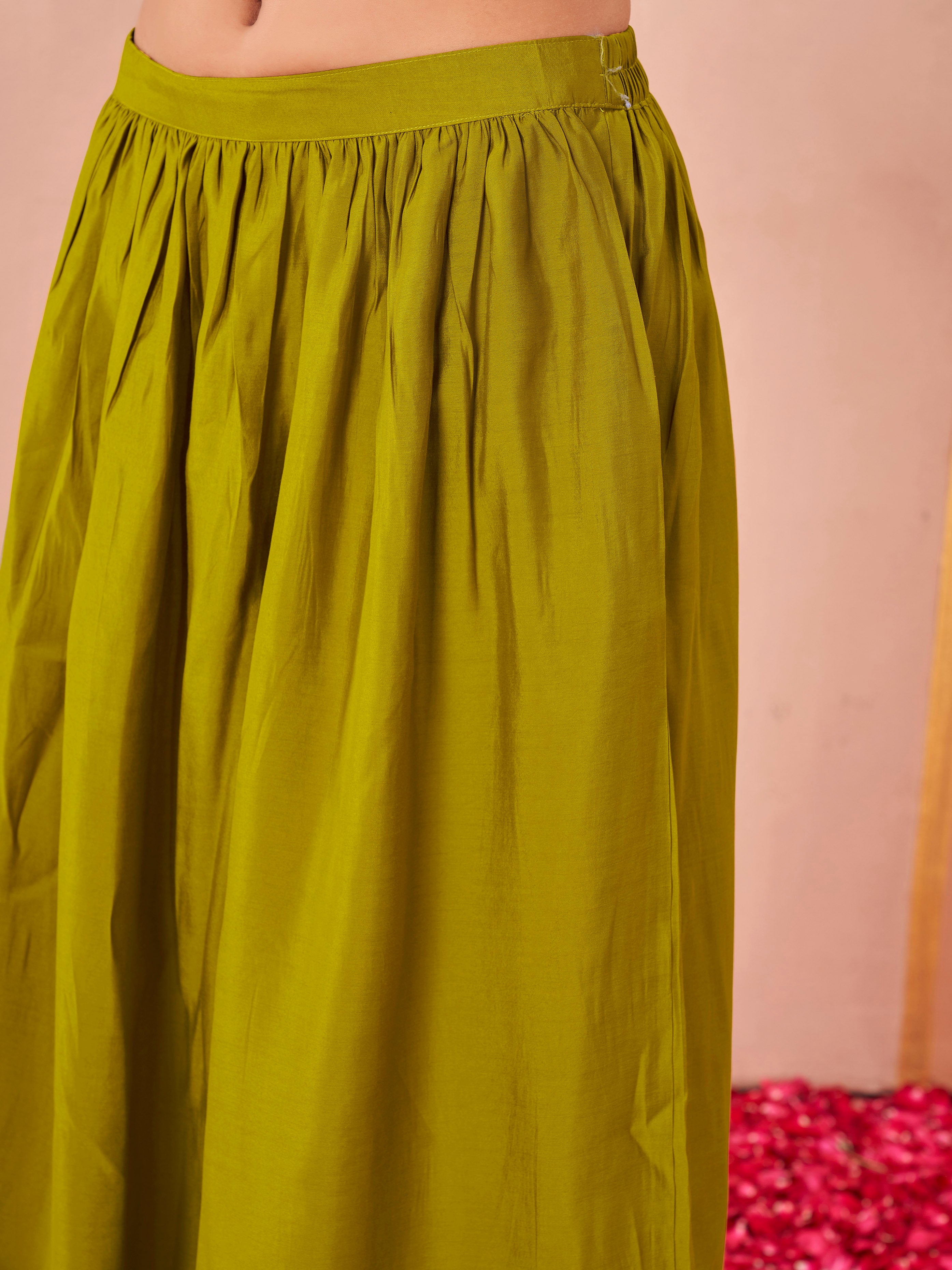 Purple & mustard color silk blend solid back dori design kurta & skirt with dupatta