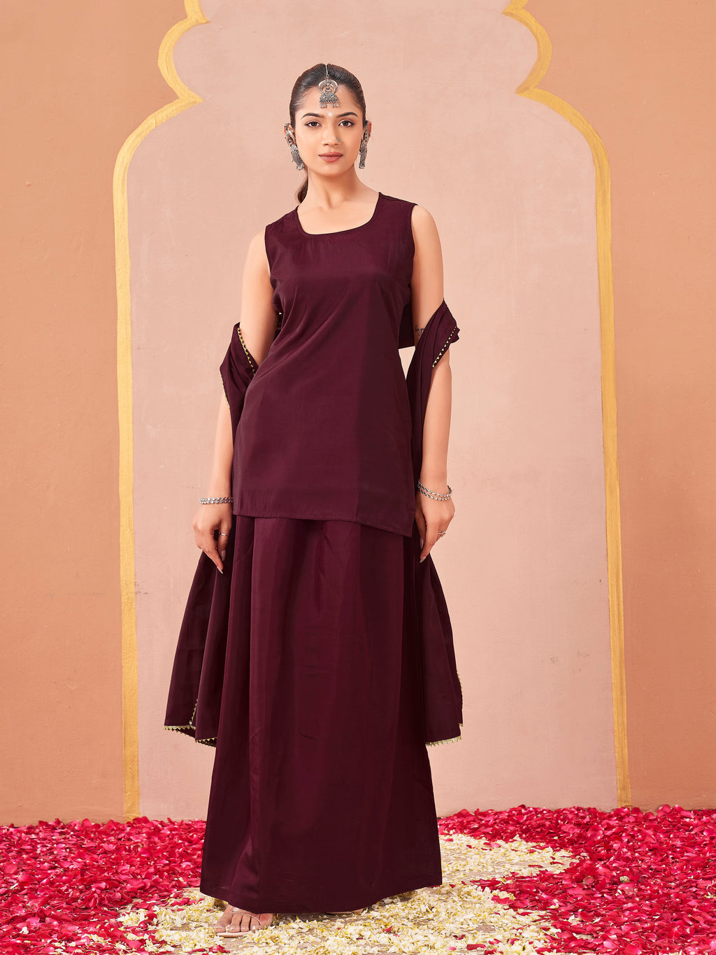 Maroon color silk blend solid back dori design kurta & skirt with dupatta