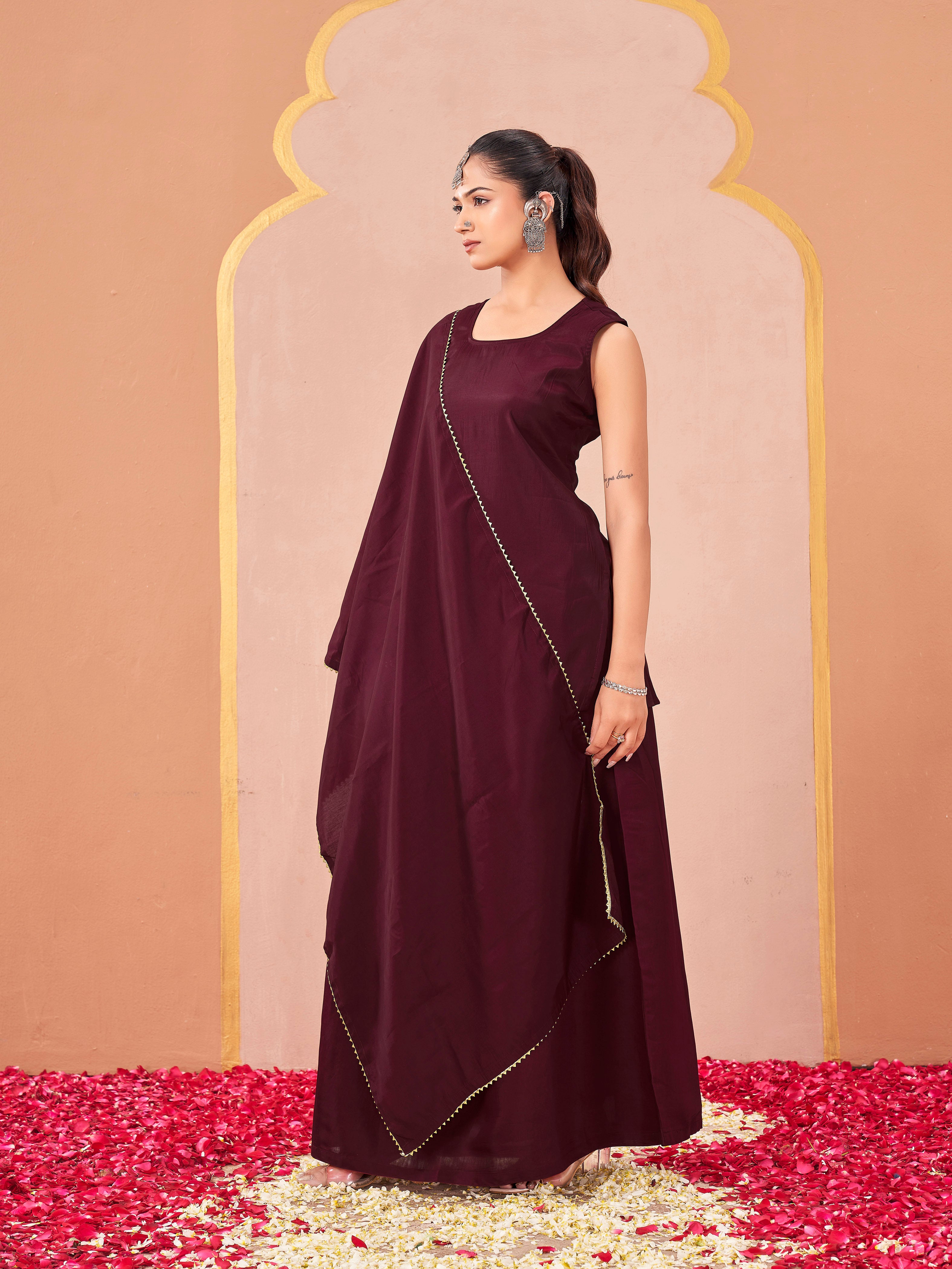 Maroon color silk blend solid back dori design kurta & skirt with dupatta