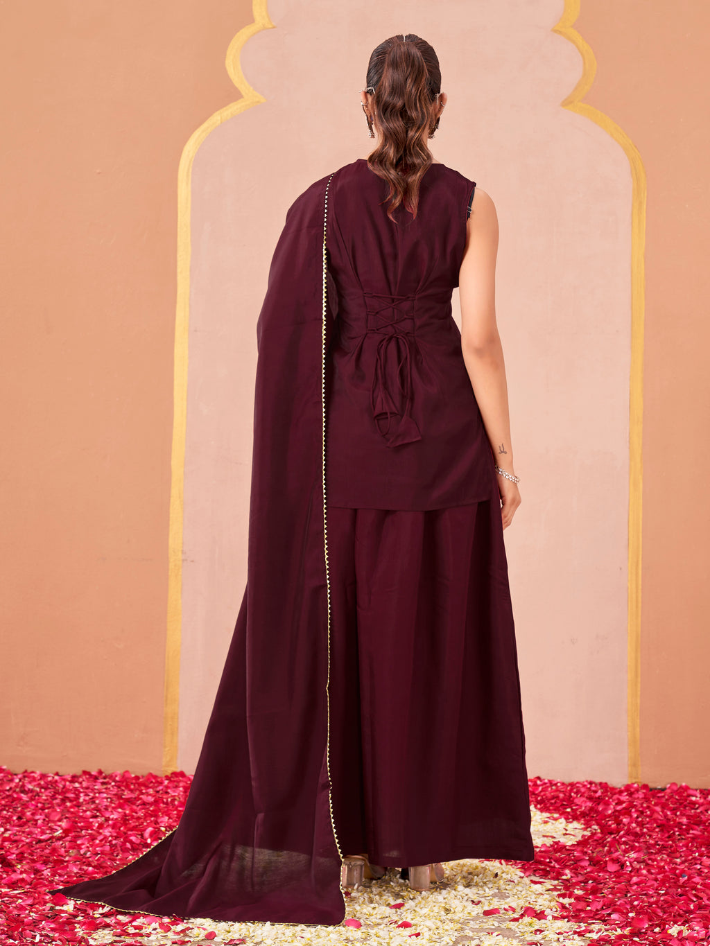 Maroon color silk blend solid back dori design kurta & skirt with dupatta