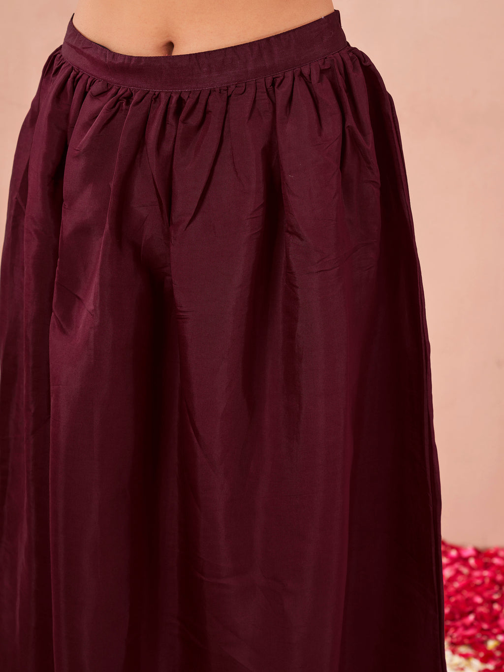 Maroon color silk blend solid back dori design kurta & skirt with dupatta