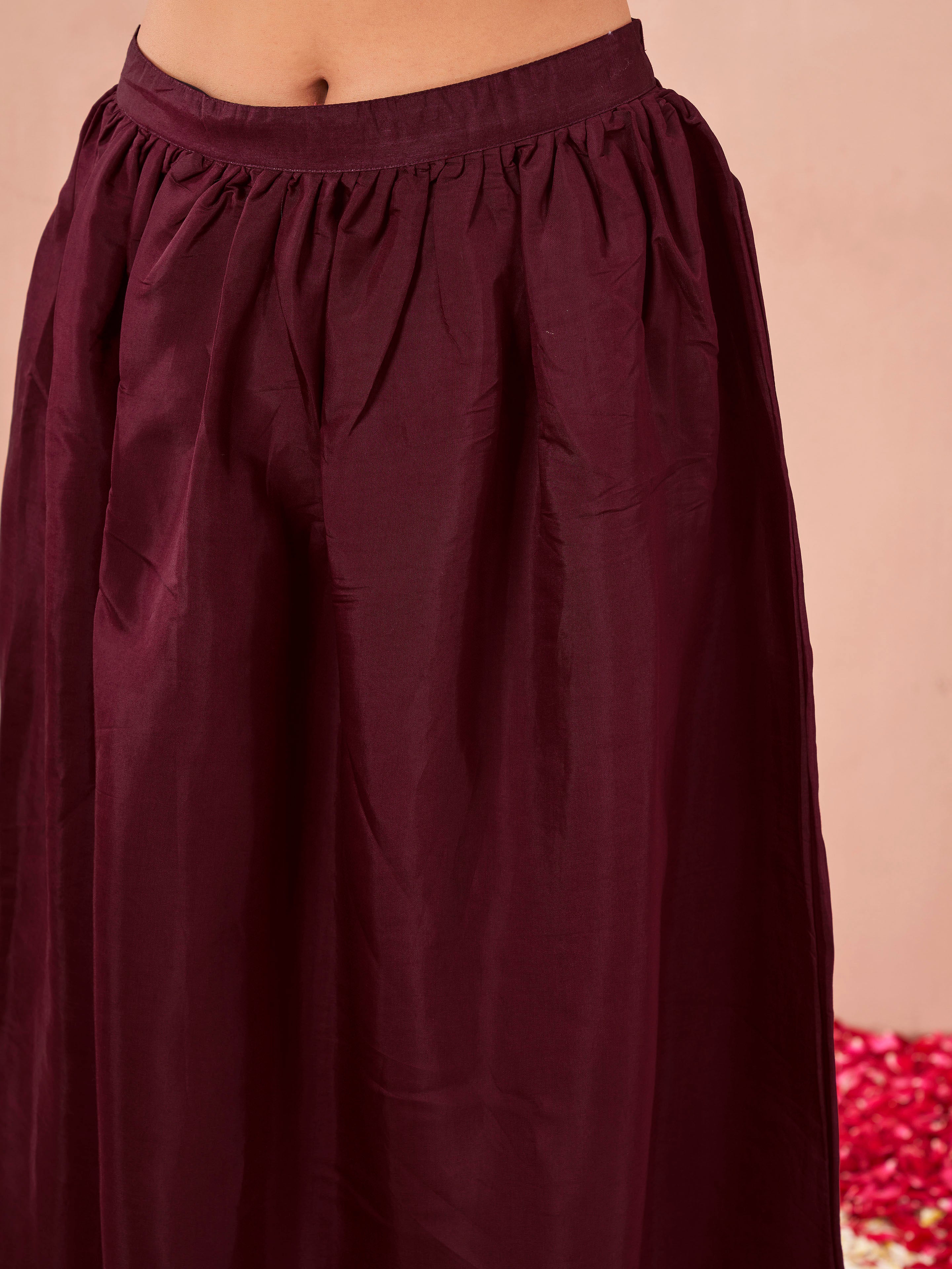 Maroon color silk blend solid back dori design kurta & skirt with dupatta