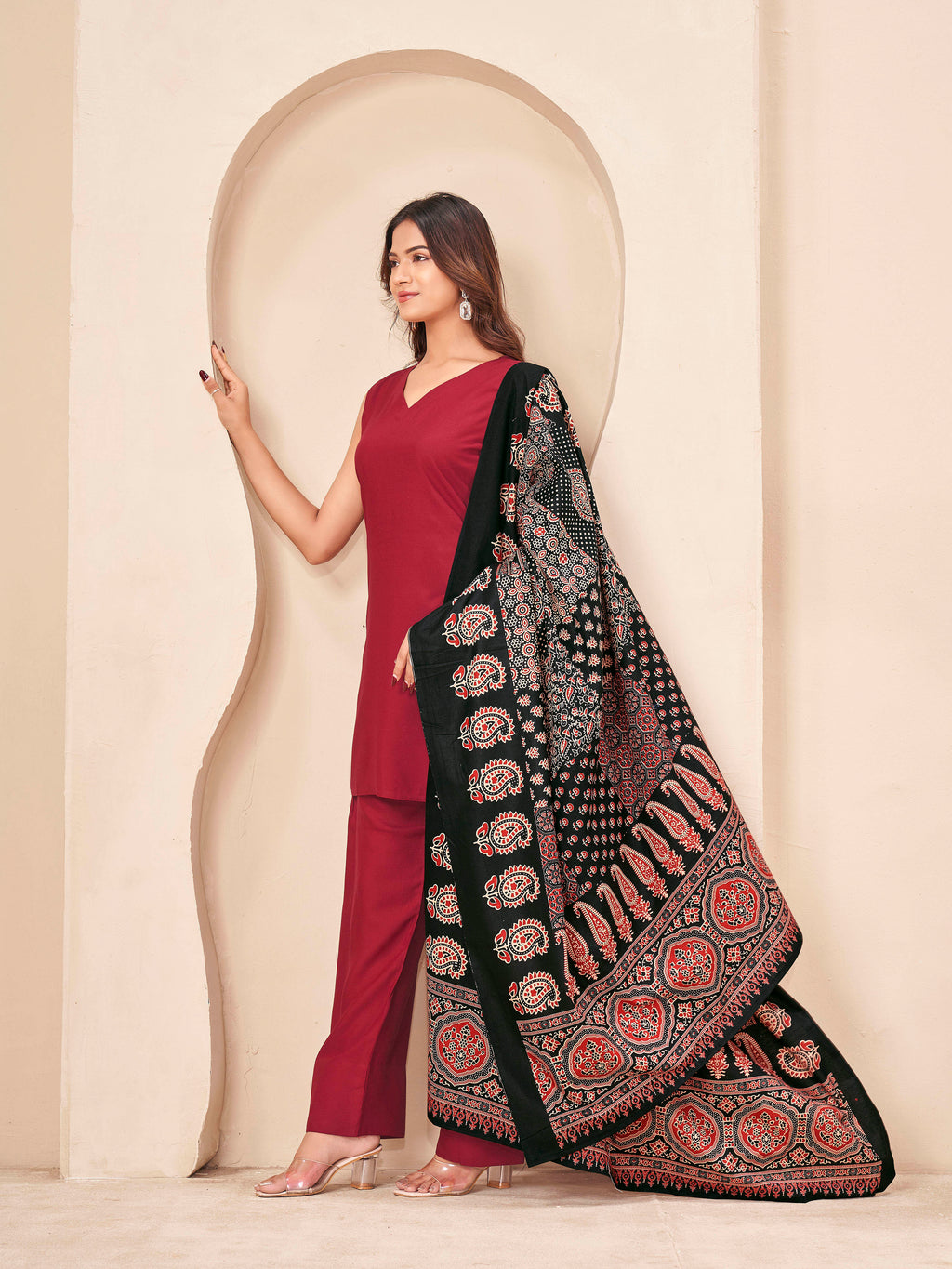 Maroon color rayon with solid back dori kurta & farsi bottom with printed dupatta set