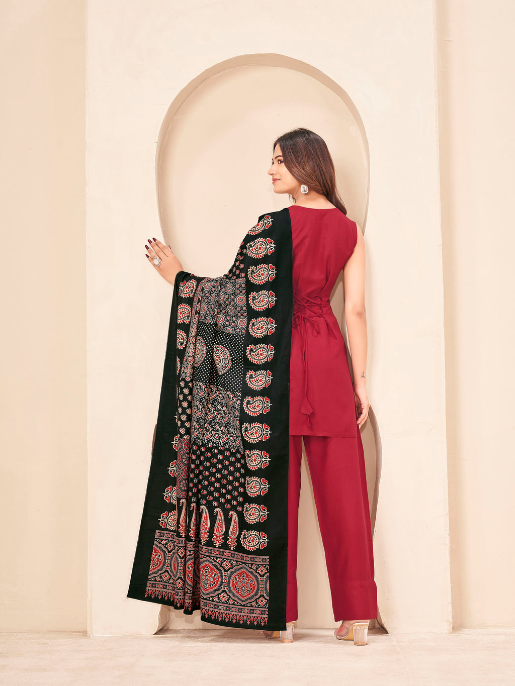 Maroon color rayon with solid back dori kurta & farsi bottom with printed dupatta set