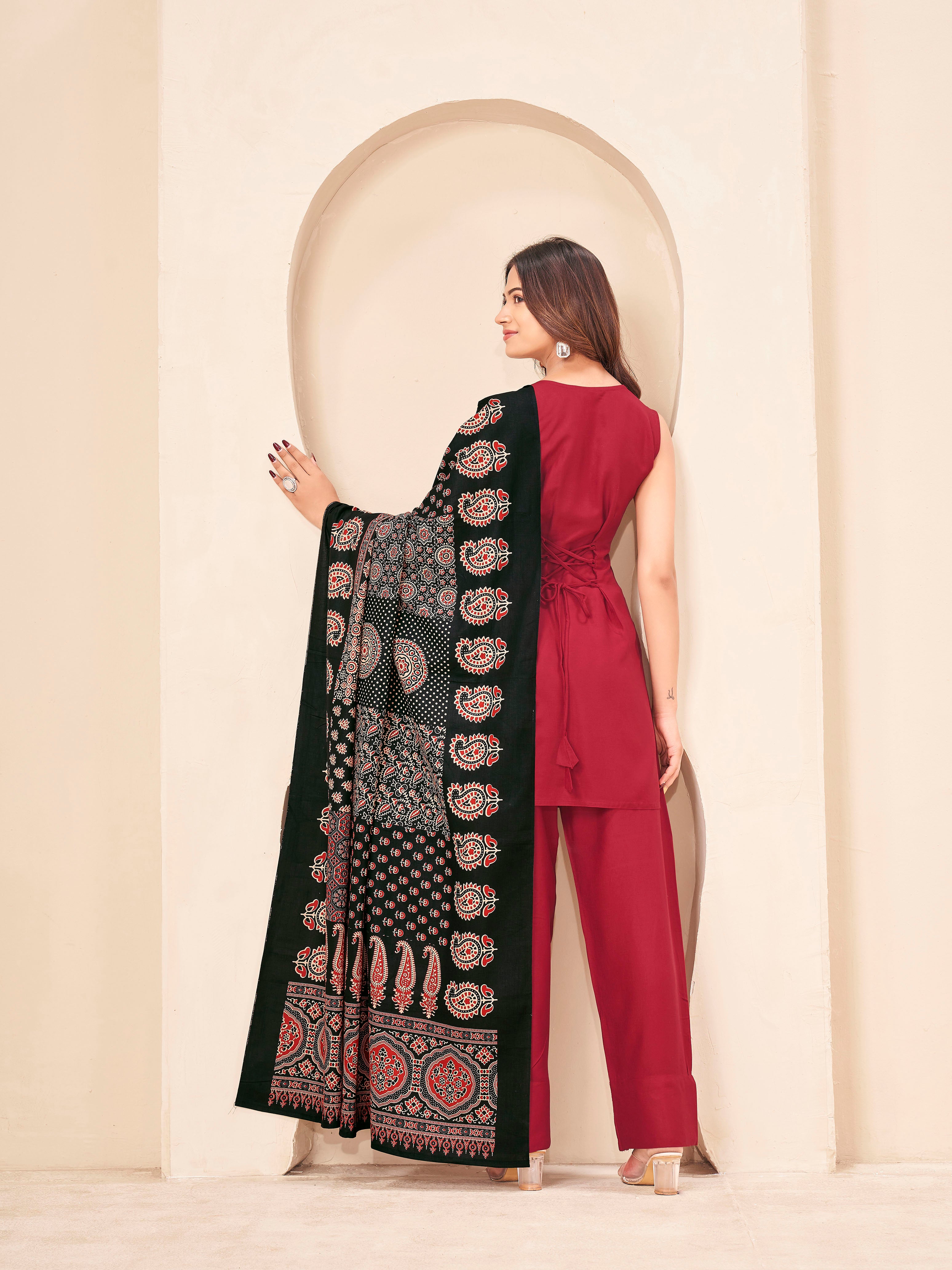 Maroon color rayon with solid back dori kurta & farsi bottom with printed dupatta set