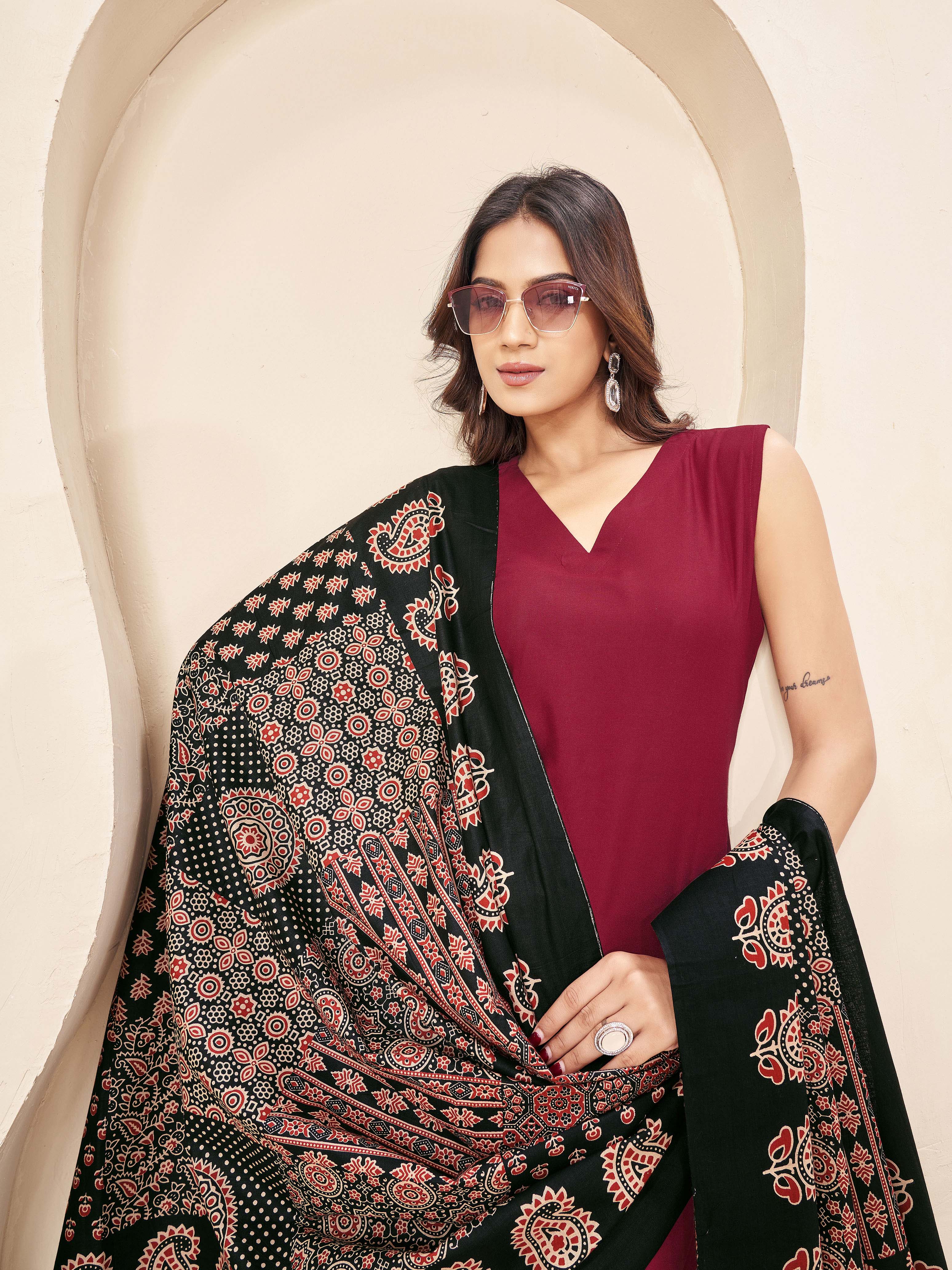 Maroon color rayon with solid back dori kurta & farsi bottom with printed dupatta set