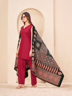 Maroon color rayon with solid back dori kurta & farsi bottom with printed dupatta set