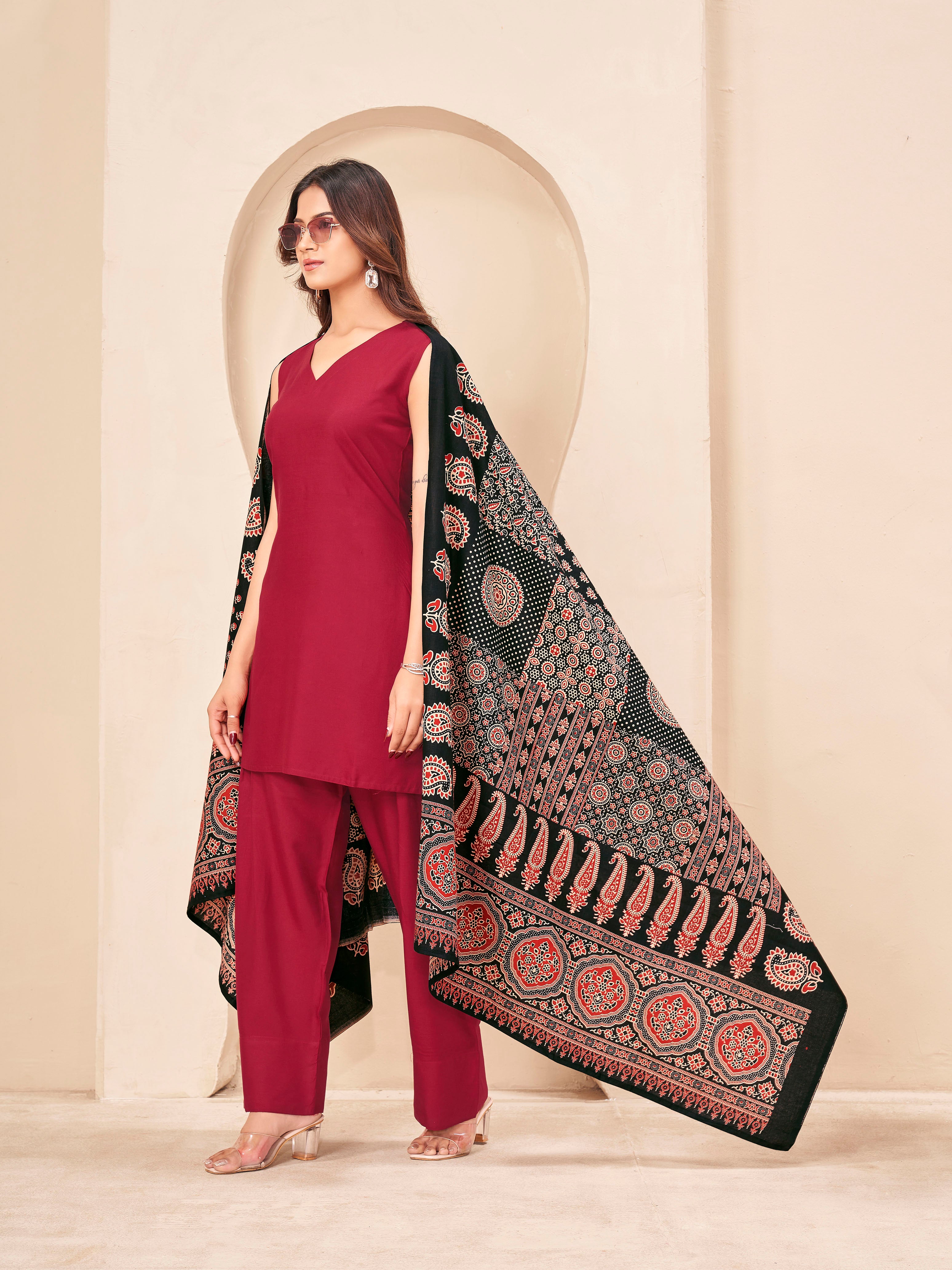 Maroon color rayon with solid back dori kurta & farsi bottom with printed dupatta set