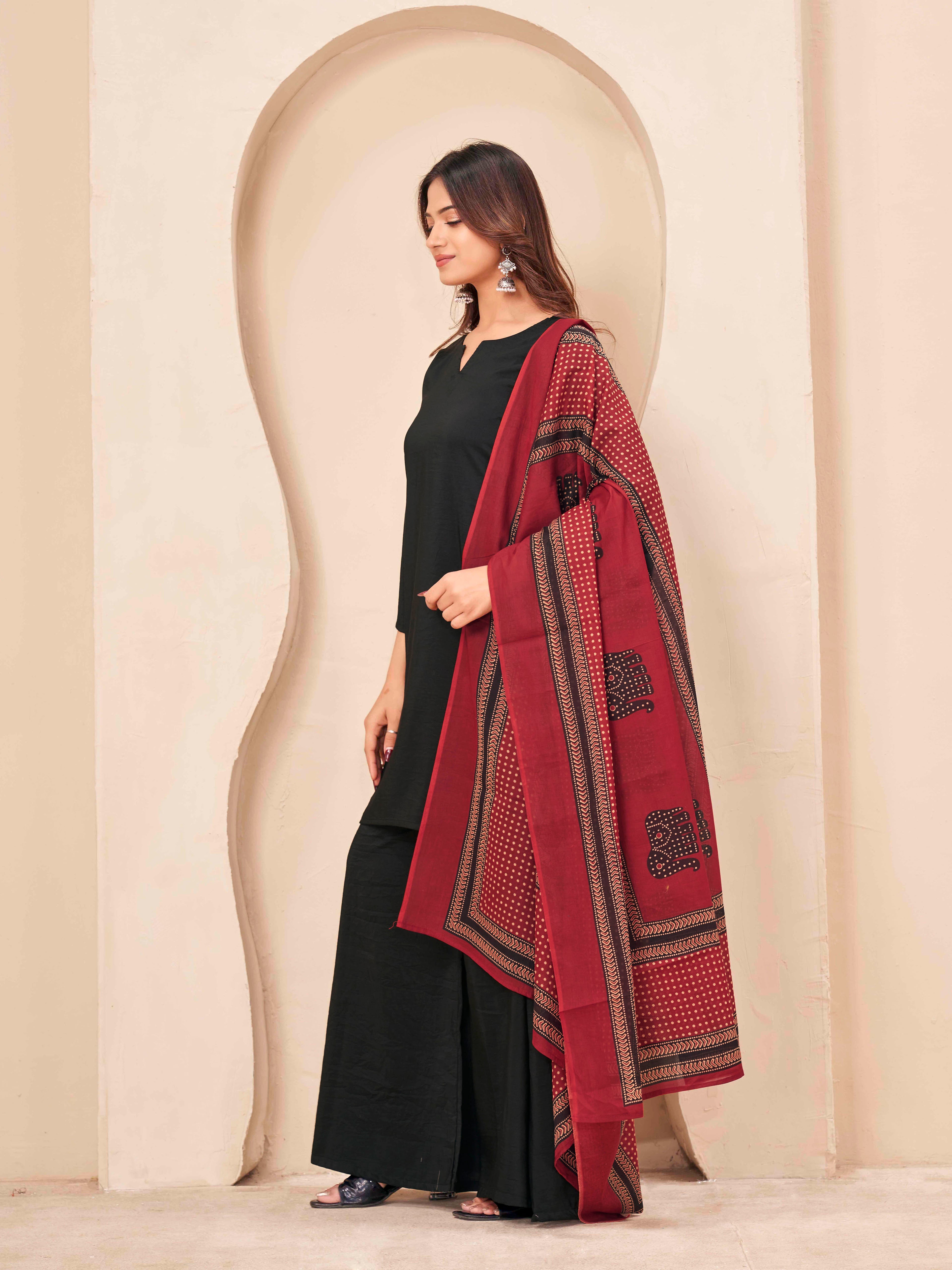 Black color silk blend solid kurta & a-line plazzo with printed dupatta set