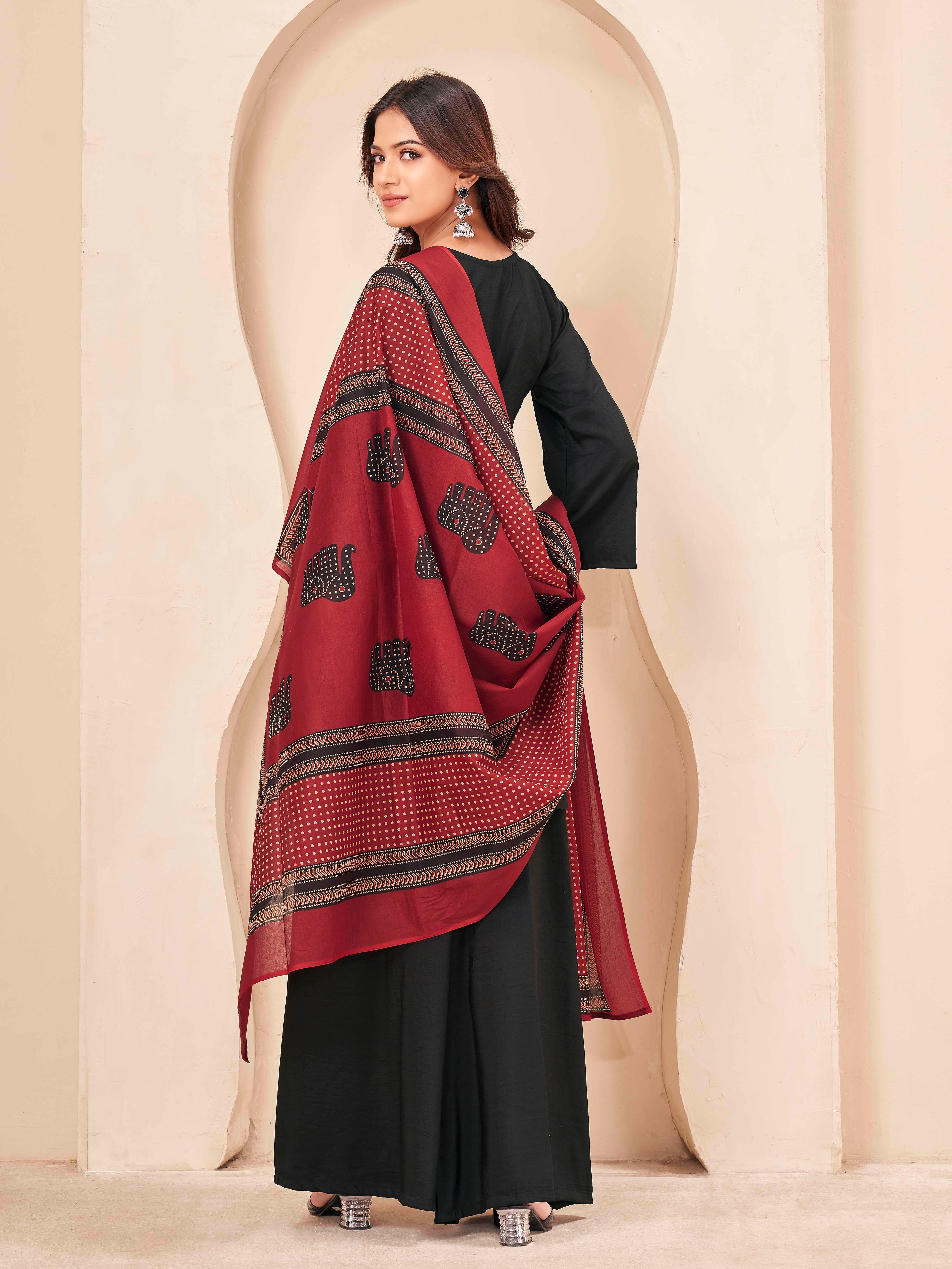 Black color silk blend solid kurta & a-line plazzo with printed dupatta set