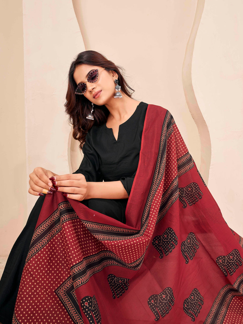 Black color silk blend solid kurta & a-line plazzo with printed dupatta set