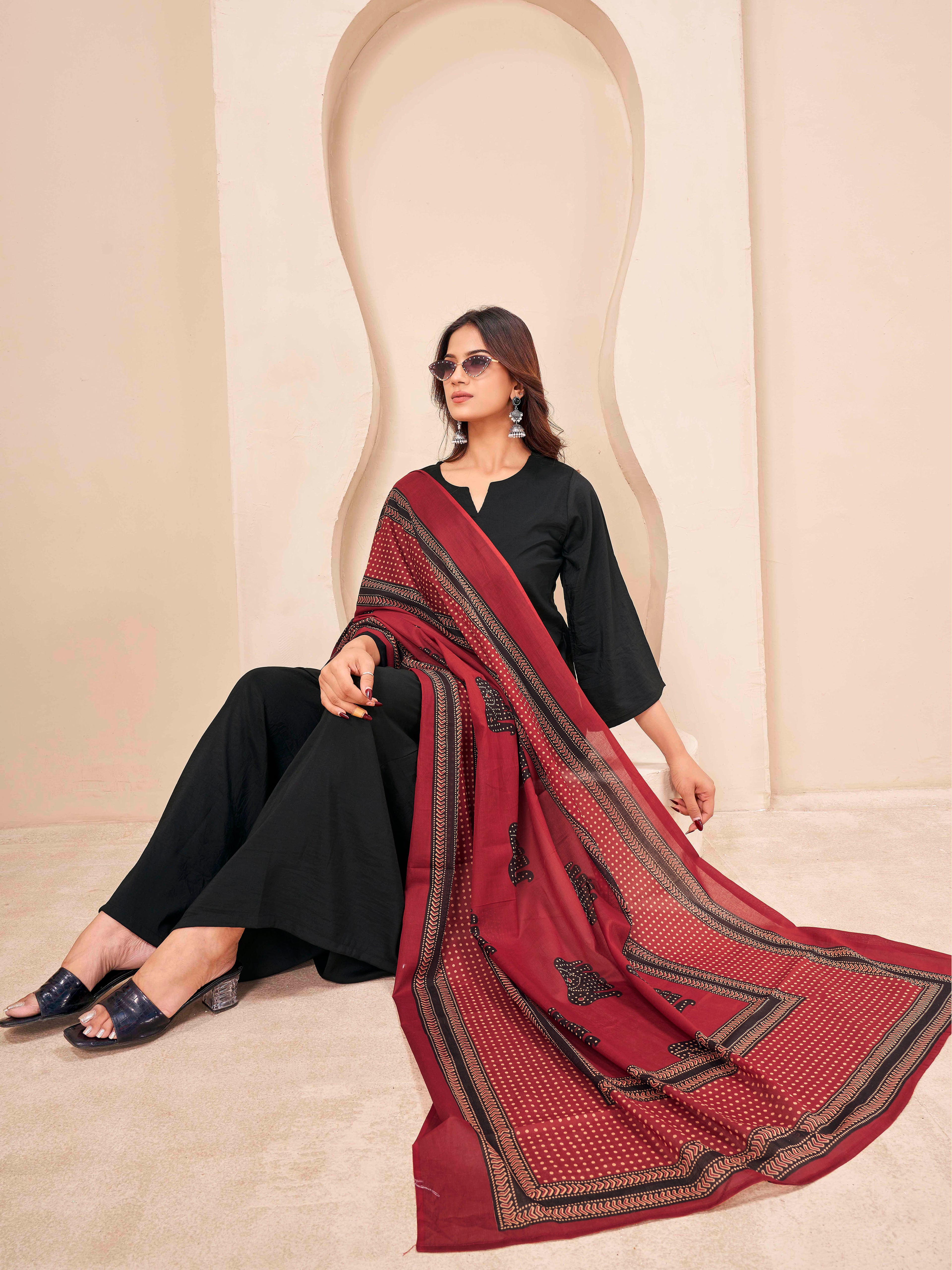 Black color silk blend solid kurta & a-line plazzo with printed dupatta set