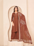 Golden brown color silk blend with yoke trim A-line kurta & plazzo with brocade dupatta set