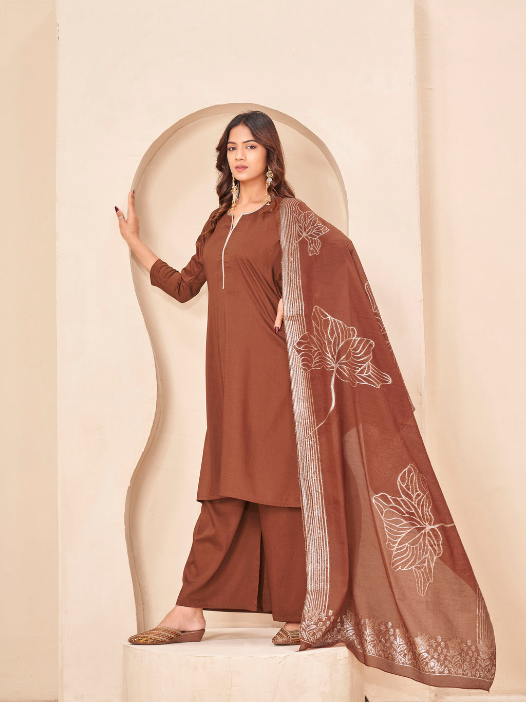 Golden brown color silk blend with yoke trim A-line kurta & plazzo with brocade dupatta set
