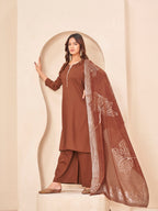 Golden brown color silk blend with yoke trim A-line kurta & plazzo with brocade dupatta set