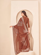Golden brown color silk blend with yoke trim A-line kurta & plazzo with brocade dupatta set