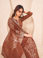 Golden brown color silk blend with yoke trim A-line kurta & plazzo with brocade dupatta set