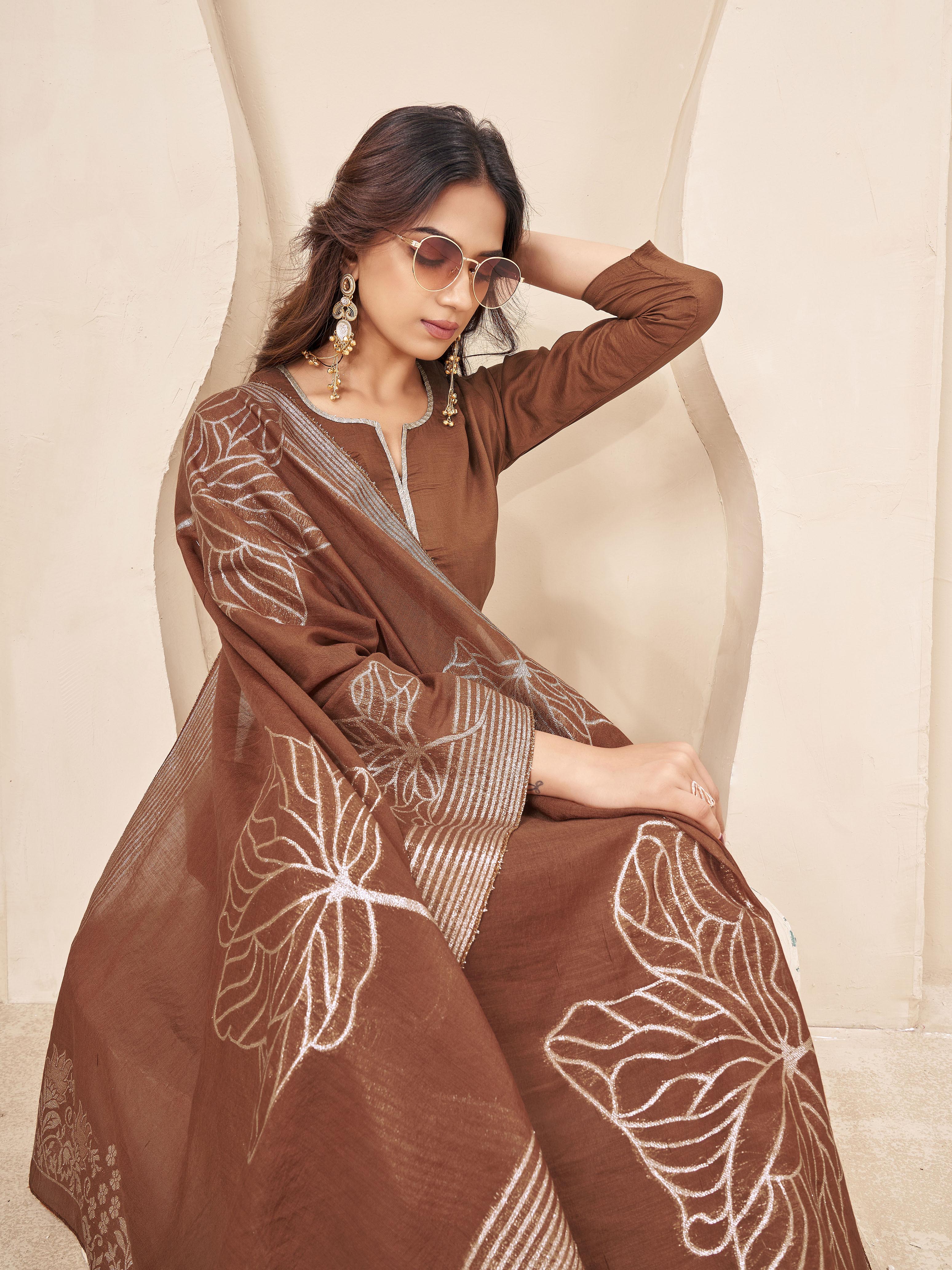 Golden brown color silk blend with yoke trim A-line kurta & plazzo with brocade dupatta set