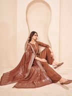 Golden brown color silk blend with yoke trim A-line kurta & plazzo with brocade dupatta set