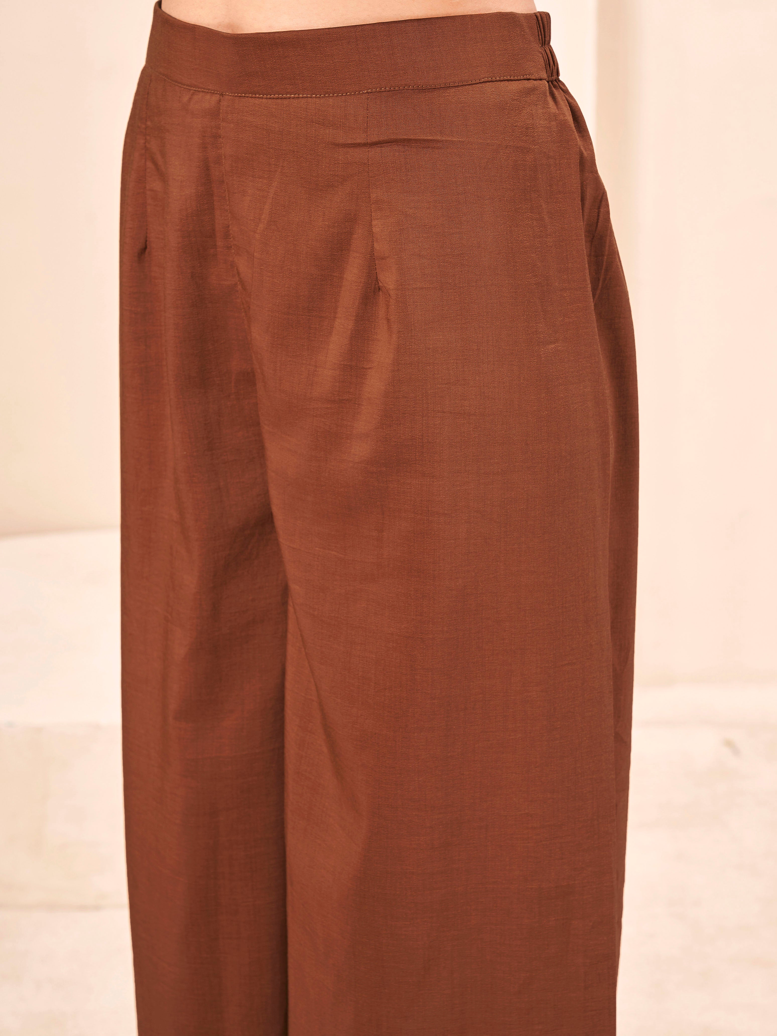 Golden brown color silk blend with yoke trim A-line kurta & plazzo with brocade dupatta set