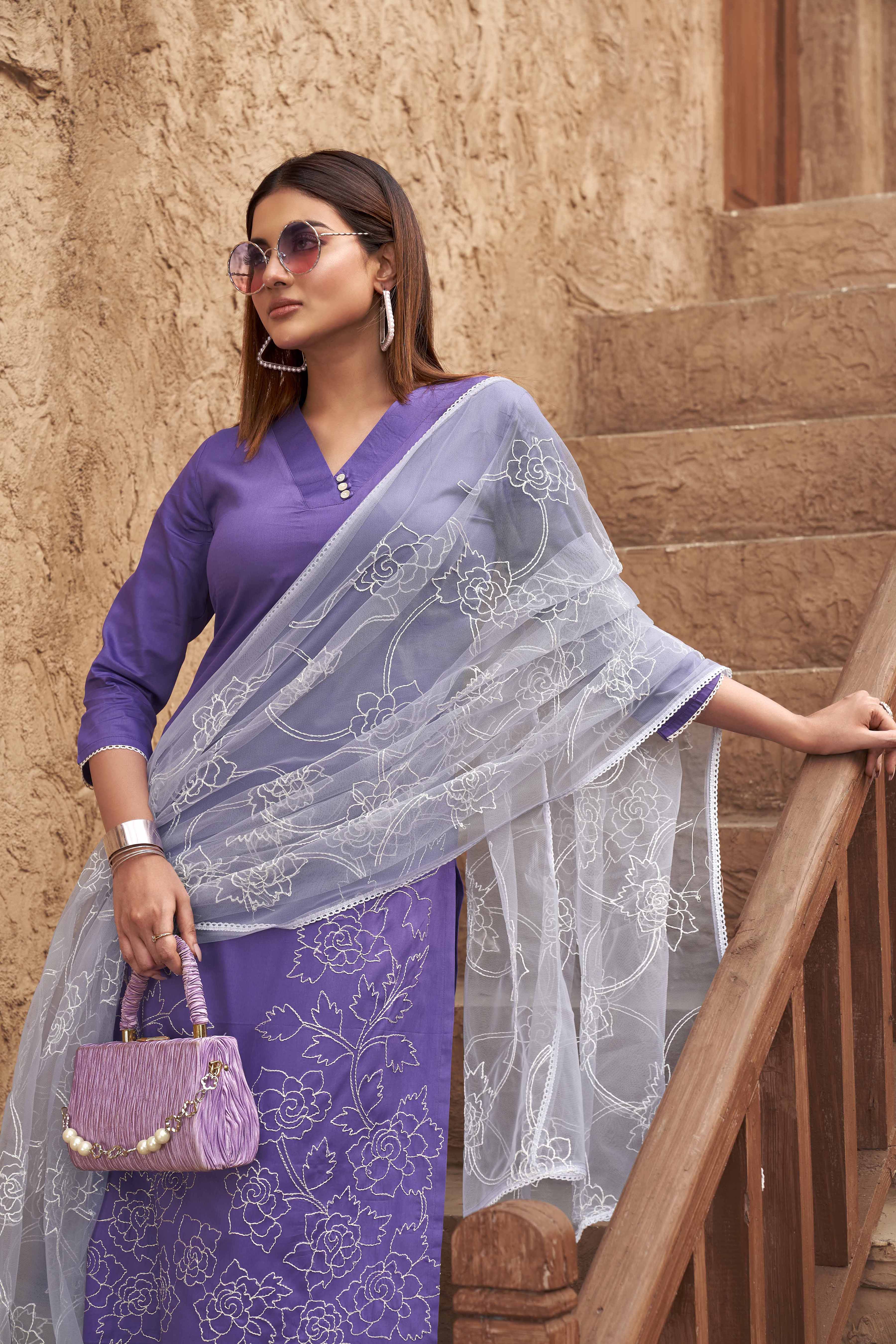 Lilac Color Pure Cotton With Heavy Dupatta & White Thread Embroidery Kurta Set
