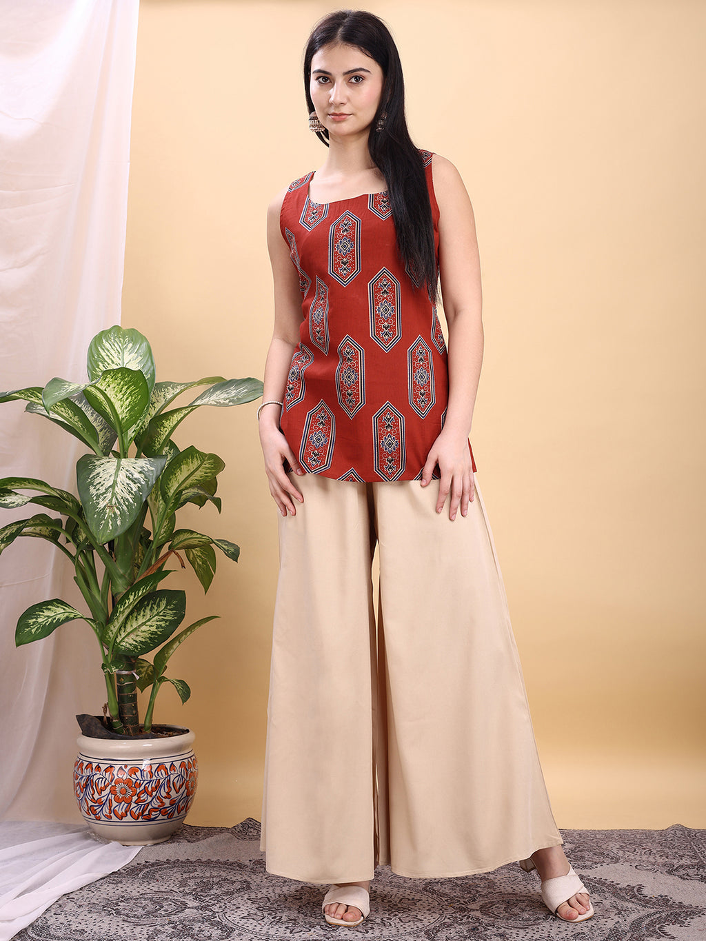 Beige color rayon umbrella plazzo