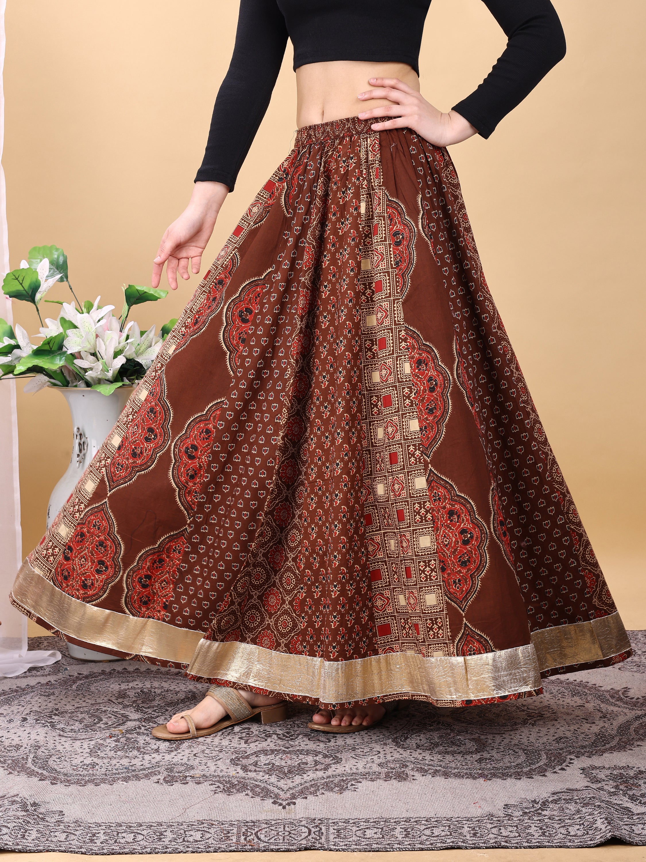 Coffee Brown color cotton printed kali skirt
