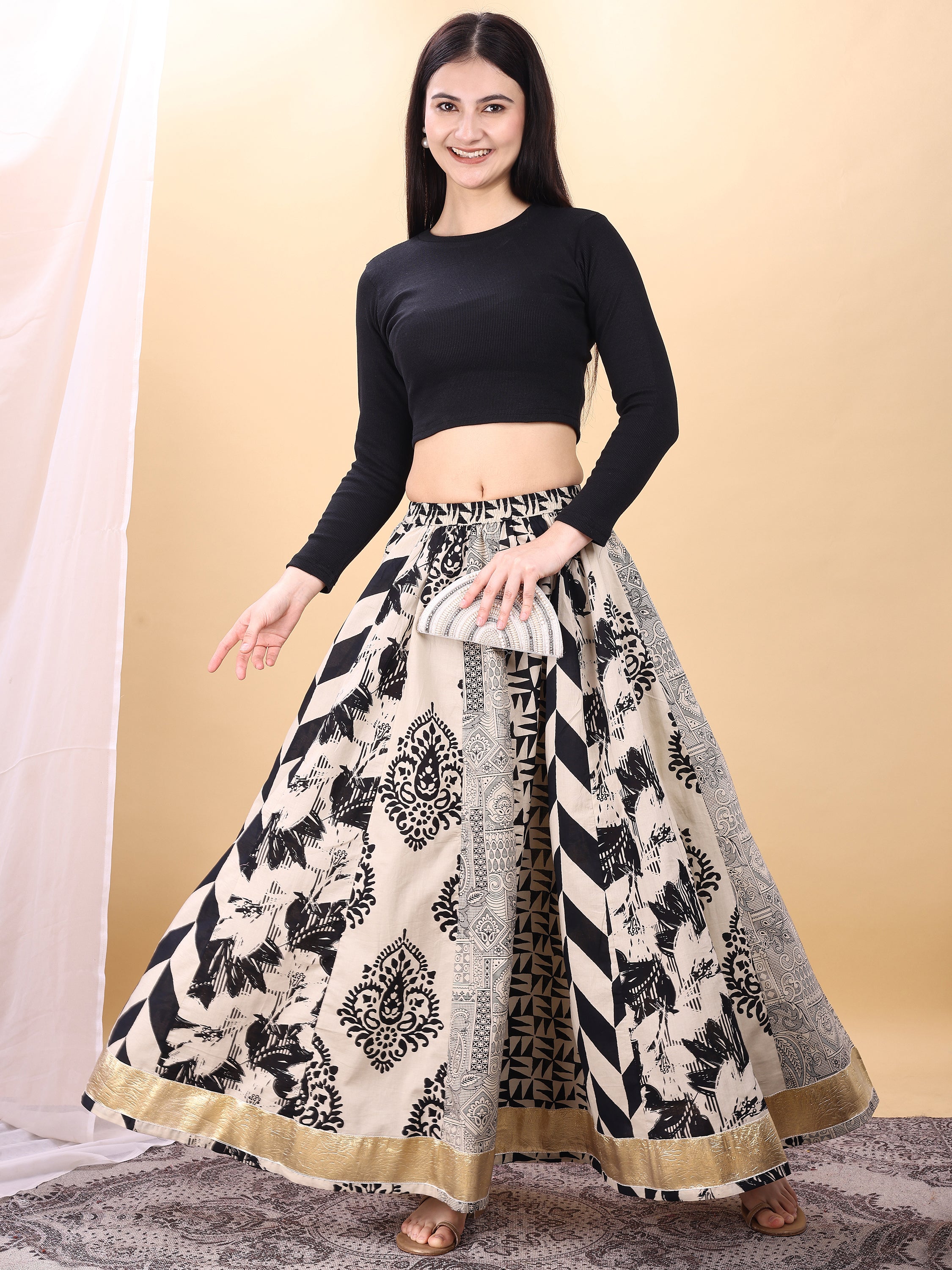 White color cotton printed kali skirt