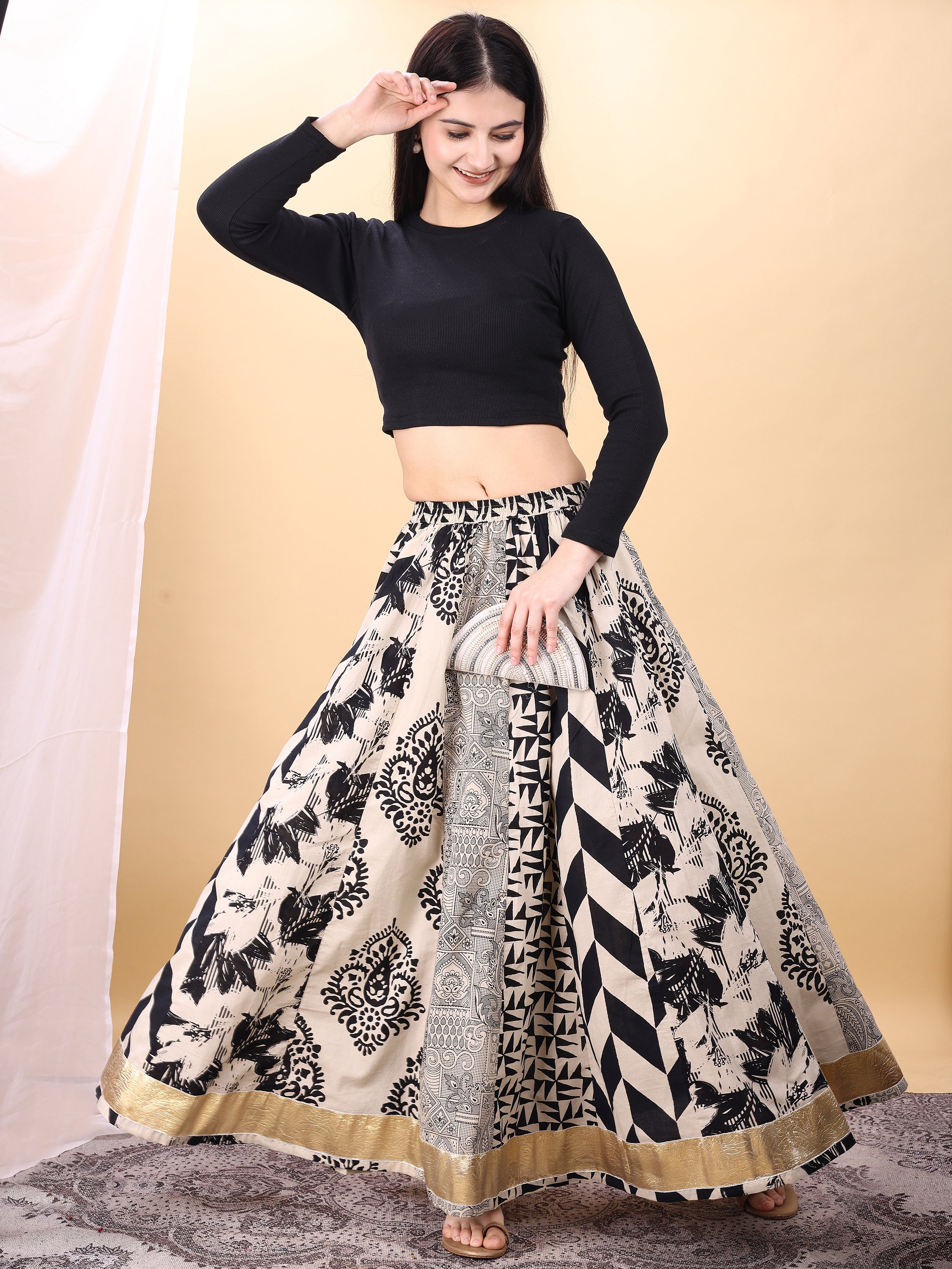 White color cotton printed kali skirt