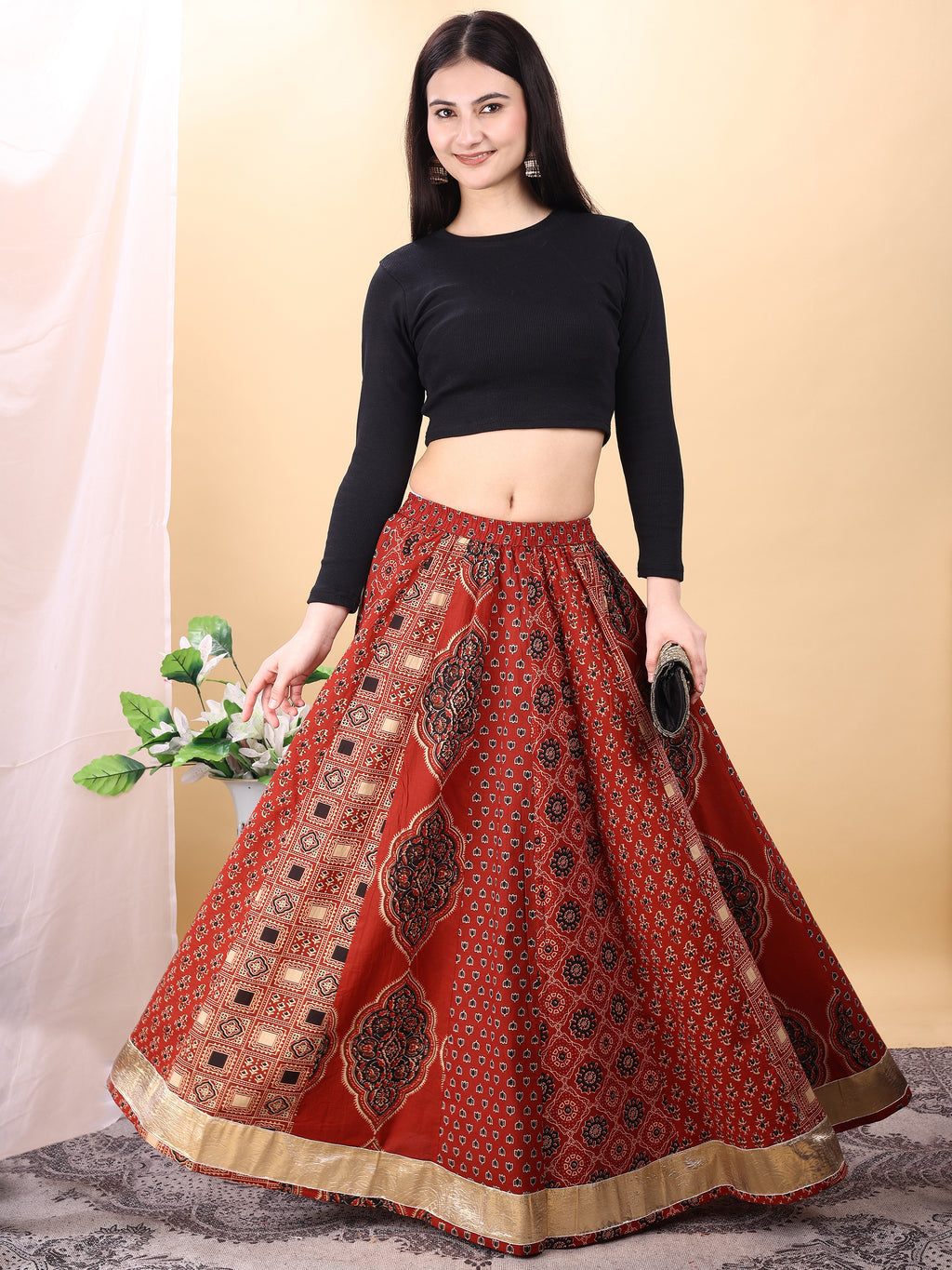 Red color cotton printed kali skirt
