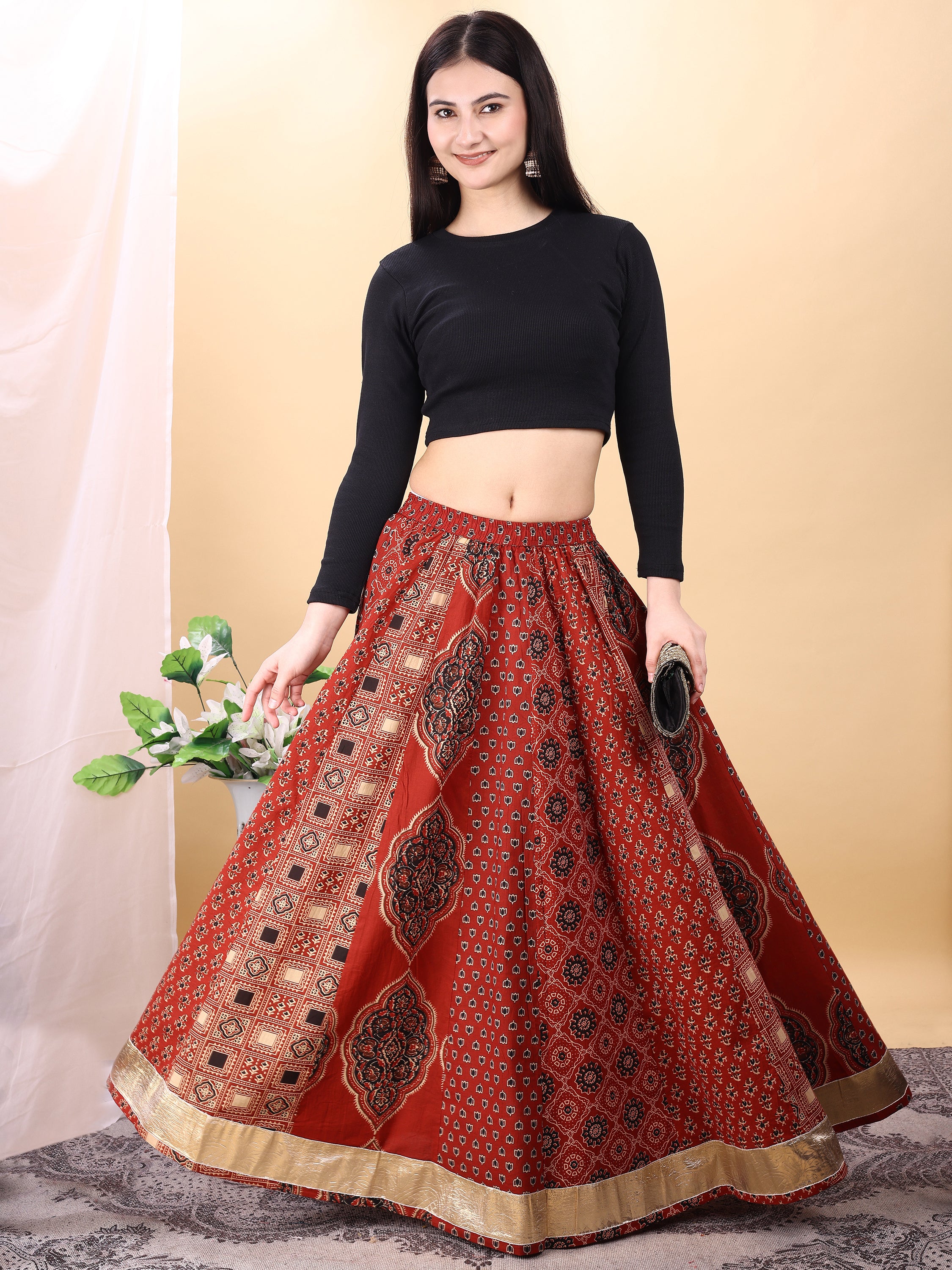 Red color cotton printed kali skirt