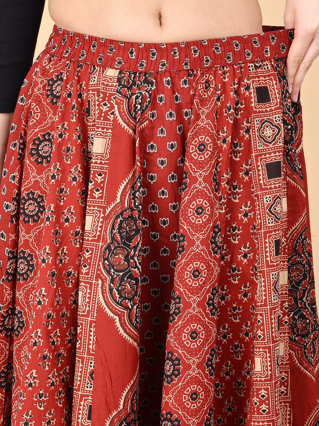 Red color cotton printed kali skirt