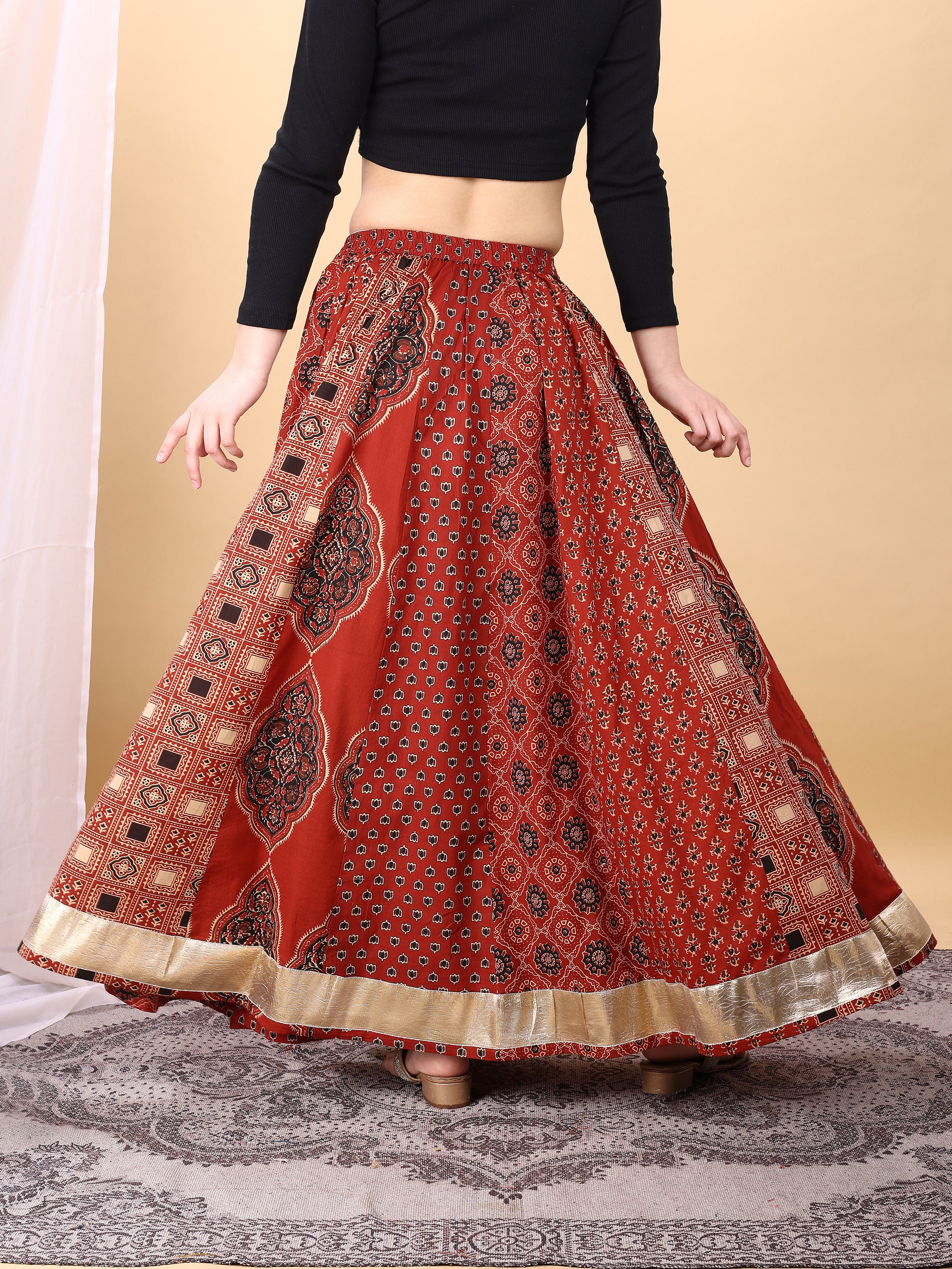 Red color cotton printed kali skirt