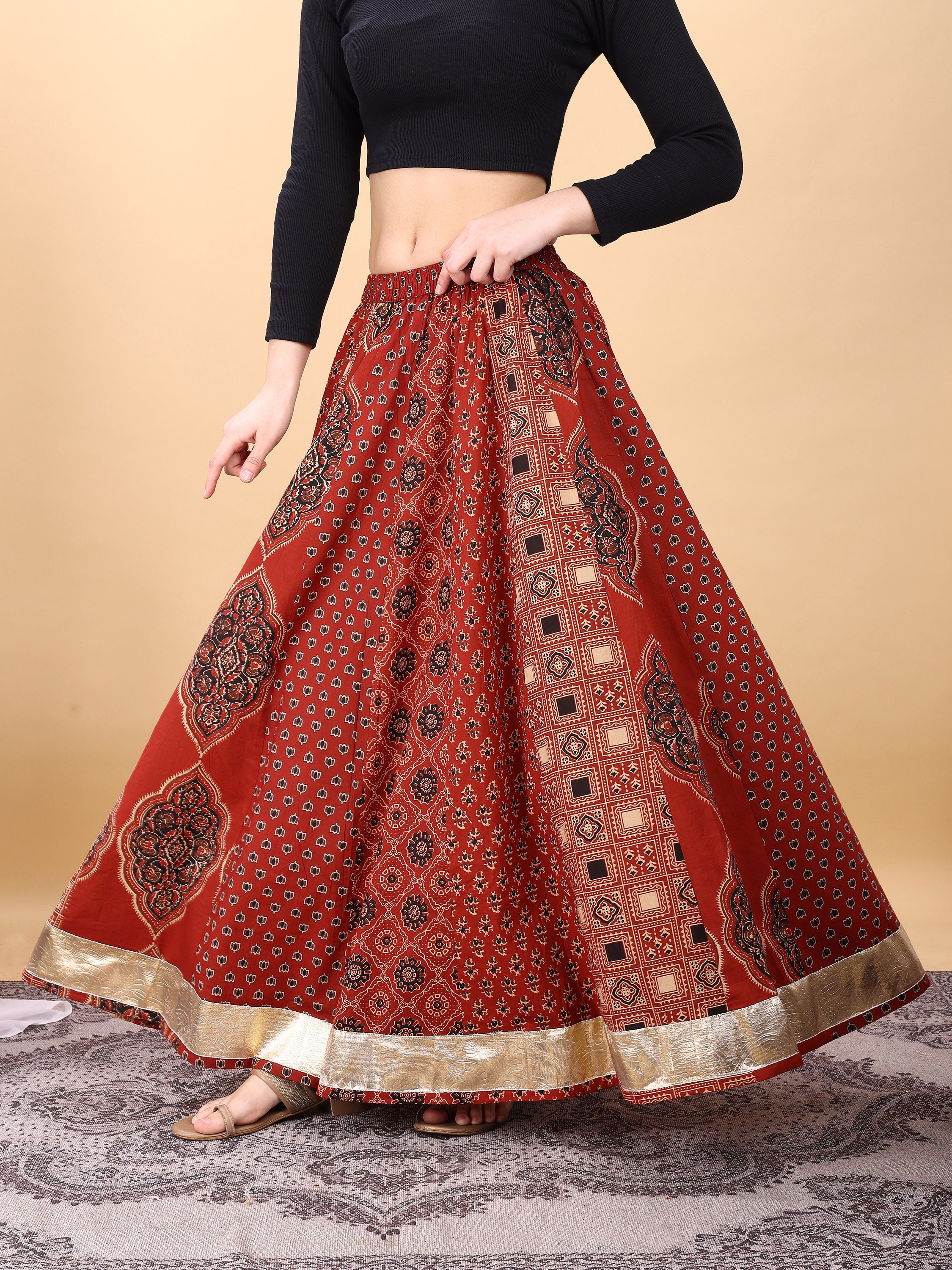 Red color cotton printed kali skirt
