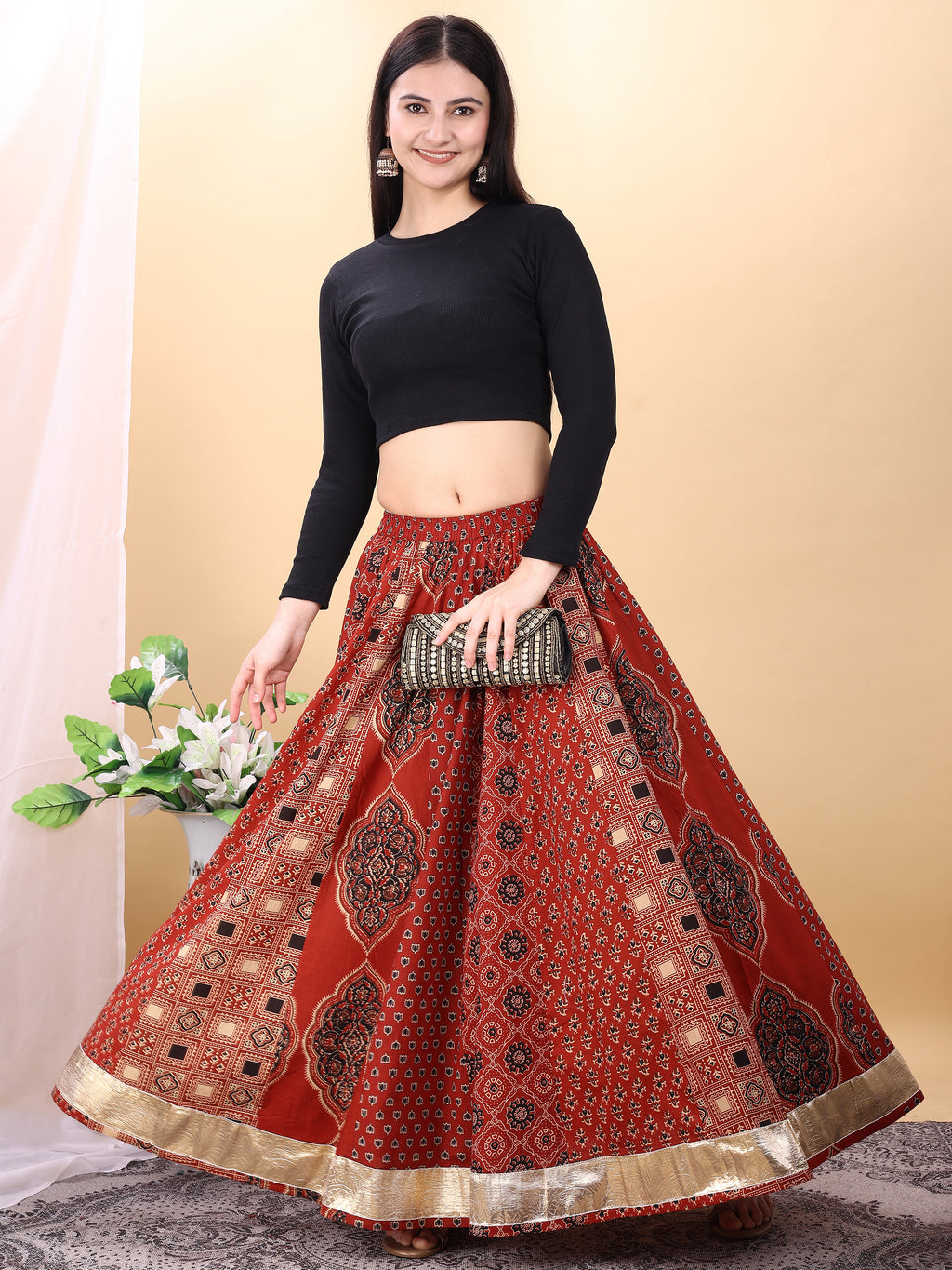 Red color cotton printed kali skirt