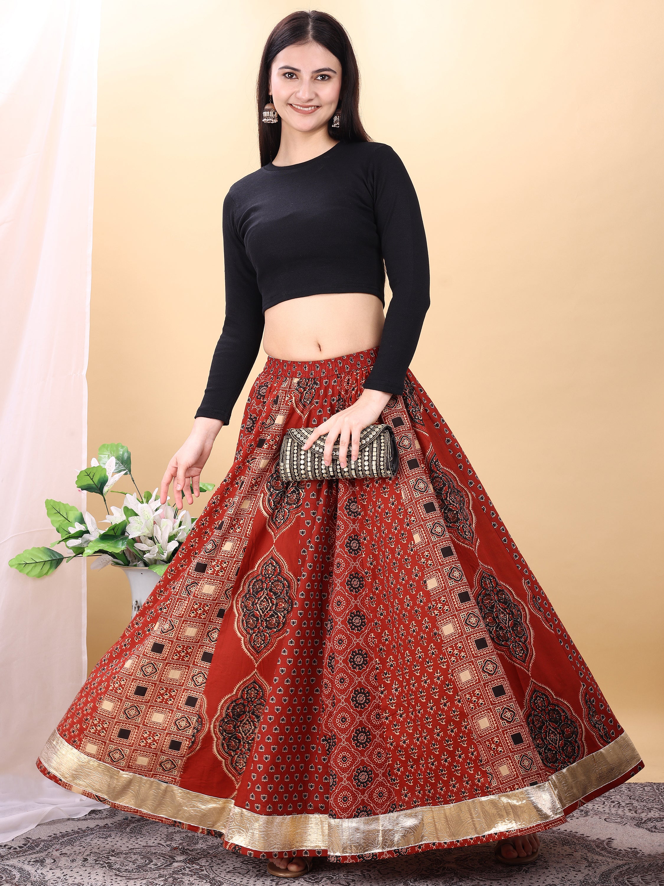 Red color cotton printed kali skirt